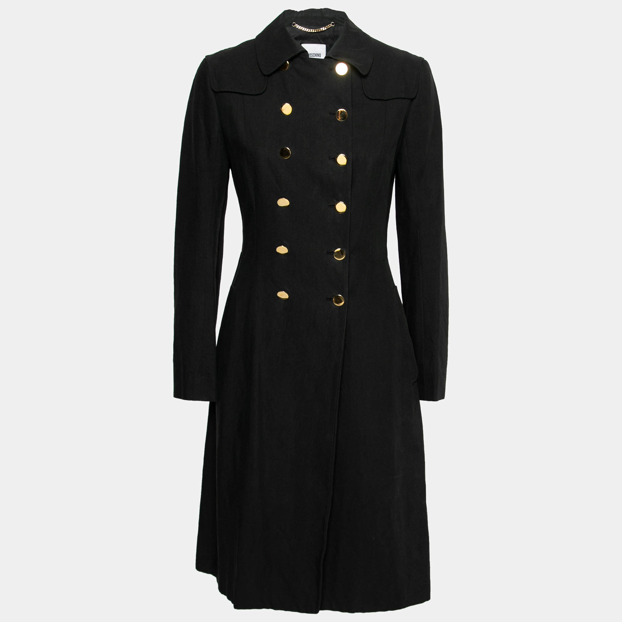 Moschino Black Linen Gold Button Detail Trench Coat M 