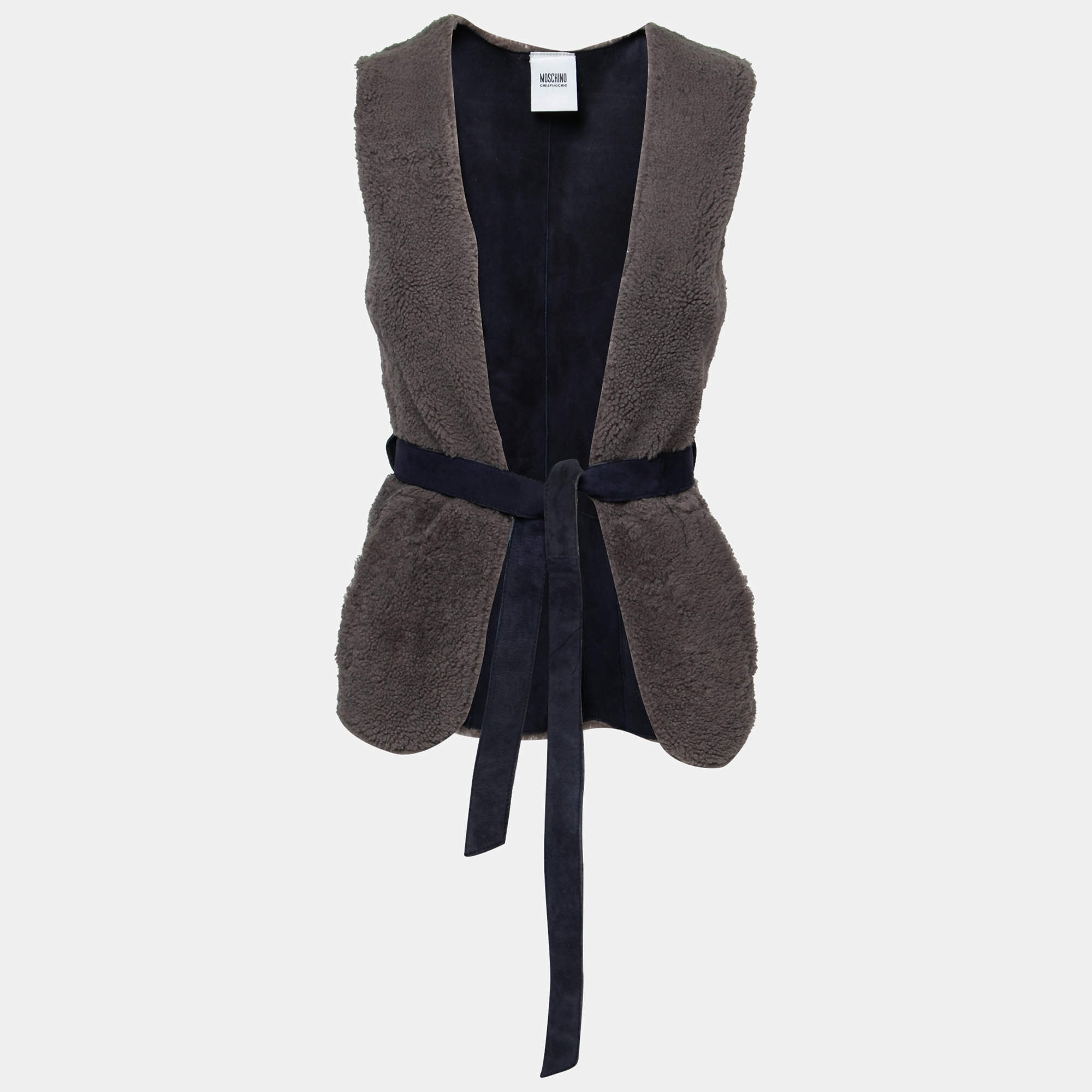 Moschino Cheap and Chic Gray Lamb Fur Leather Lined Belted Gilet S