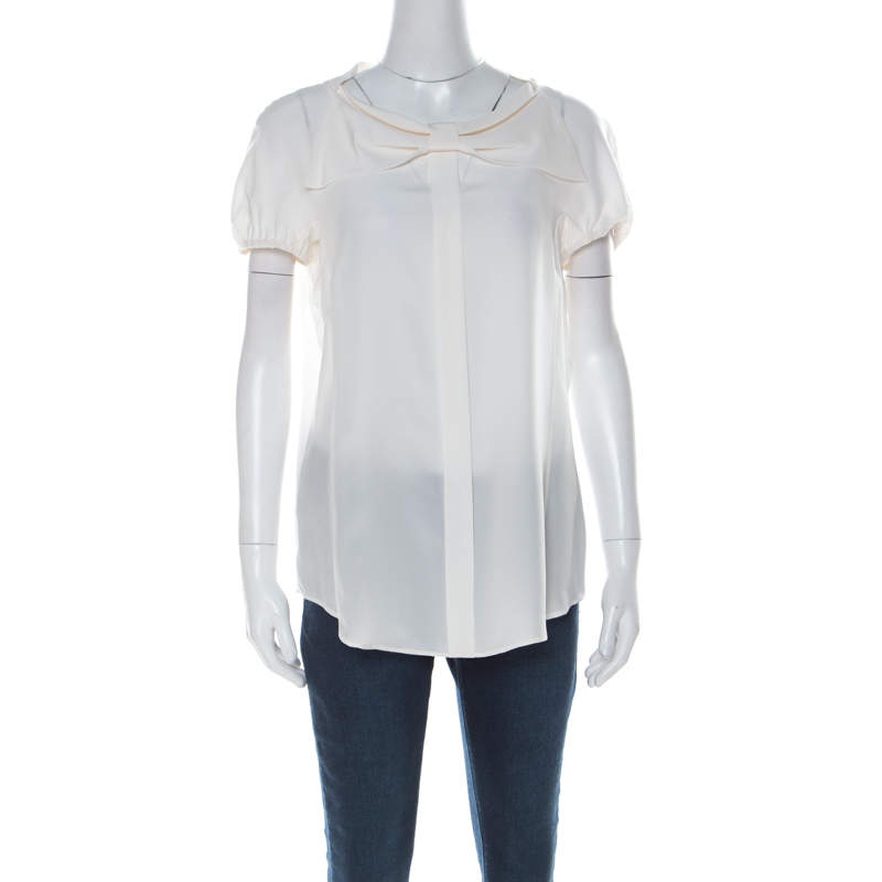 Moschino Cream Silk Crepe de Chine Bow Detail Short Sleeve Blouse L