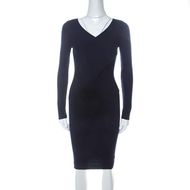 Pre Owned Moschino Navy Blue Rib Knit Wrap Bodice Long Sleeve Midi Dress S