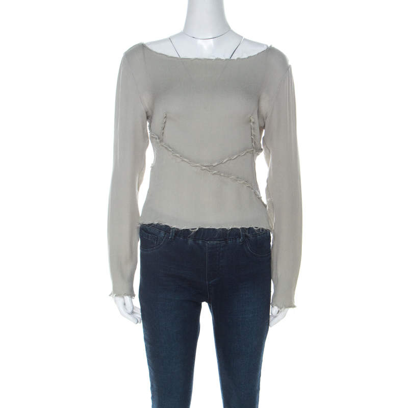 Pre Owned Moschino Couture Sage Green Textured Silk Long Sleeve Cropped Top M