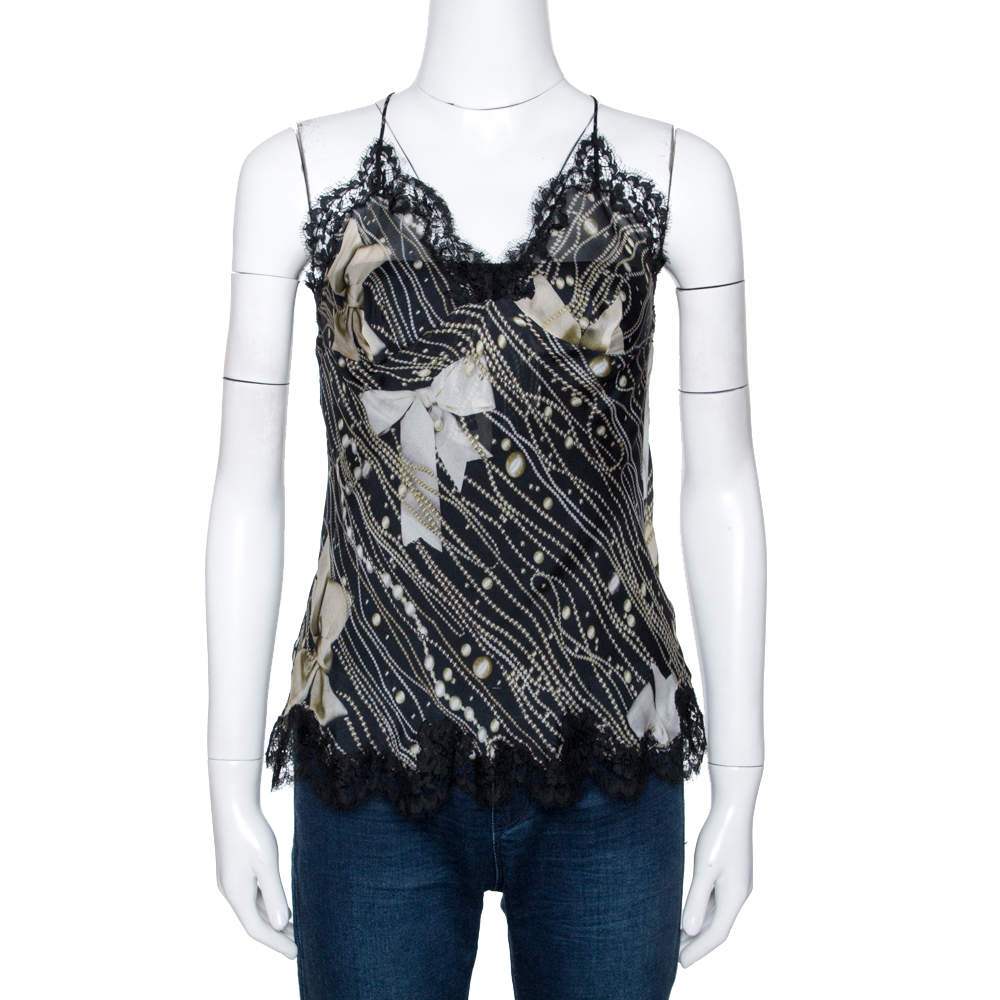 Pre Owned Moschino Black Printed Silk Bow Detail Lace Trim Sheer Camisole M