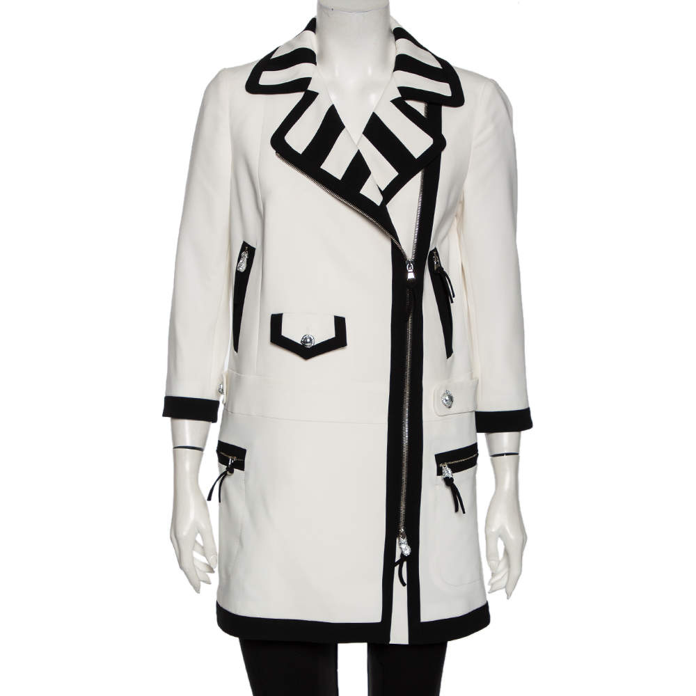 Pre Owned Moschino White Crepe Contrast Trim Detail Zip Front Coat M