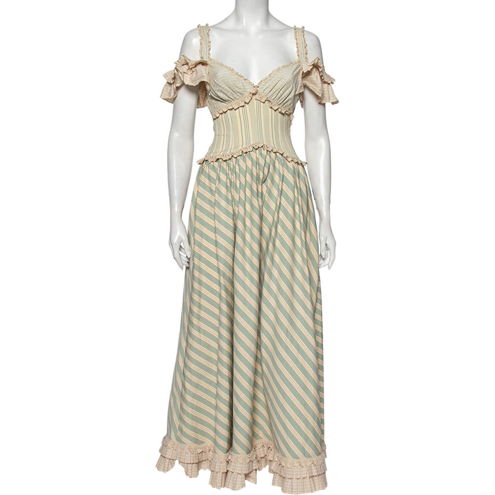 Pre Owned Moschino Cream & Blue Striped Cotton Lace Trim Detailed Flared Maxi Dress S