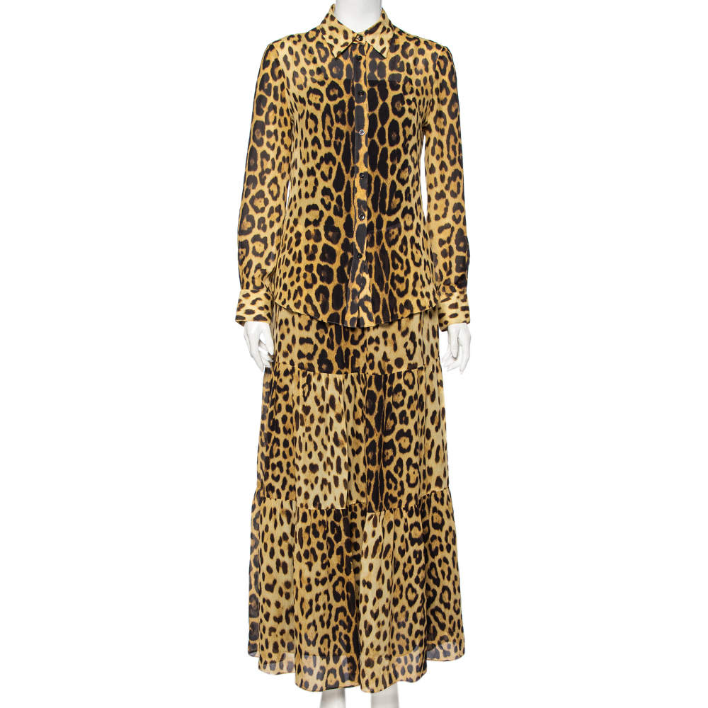 Pre Owned Moschino Brown Animal Printed Button Front Shirt & Gathered Detail Skirt Set M