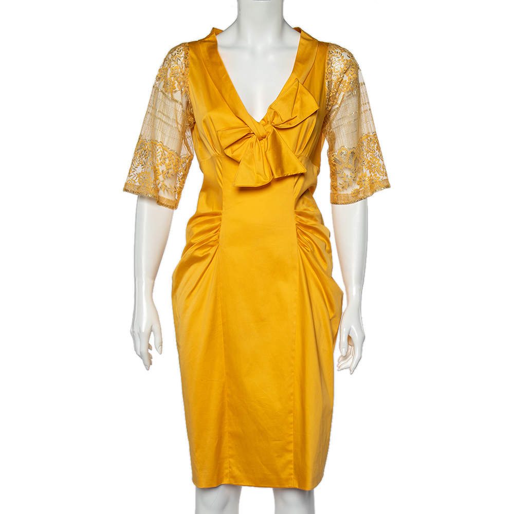 Pre Owned Moschino Yellow Cotton And Lace Sleeve Bow Detail Midi Dress M