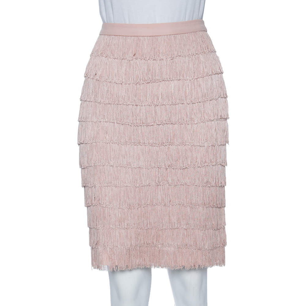 Pre Owned Moschino Pale Pink Crepe Fringed Pencil Skirt S