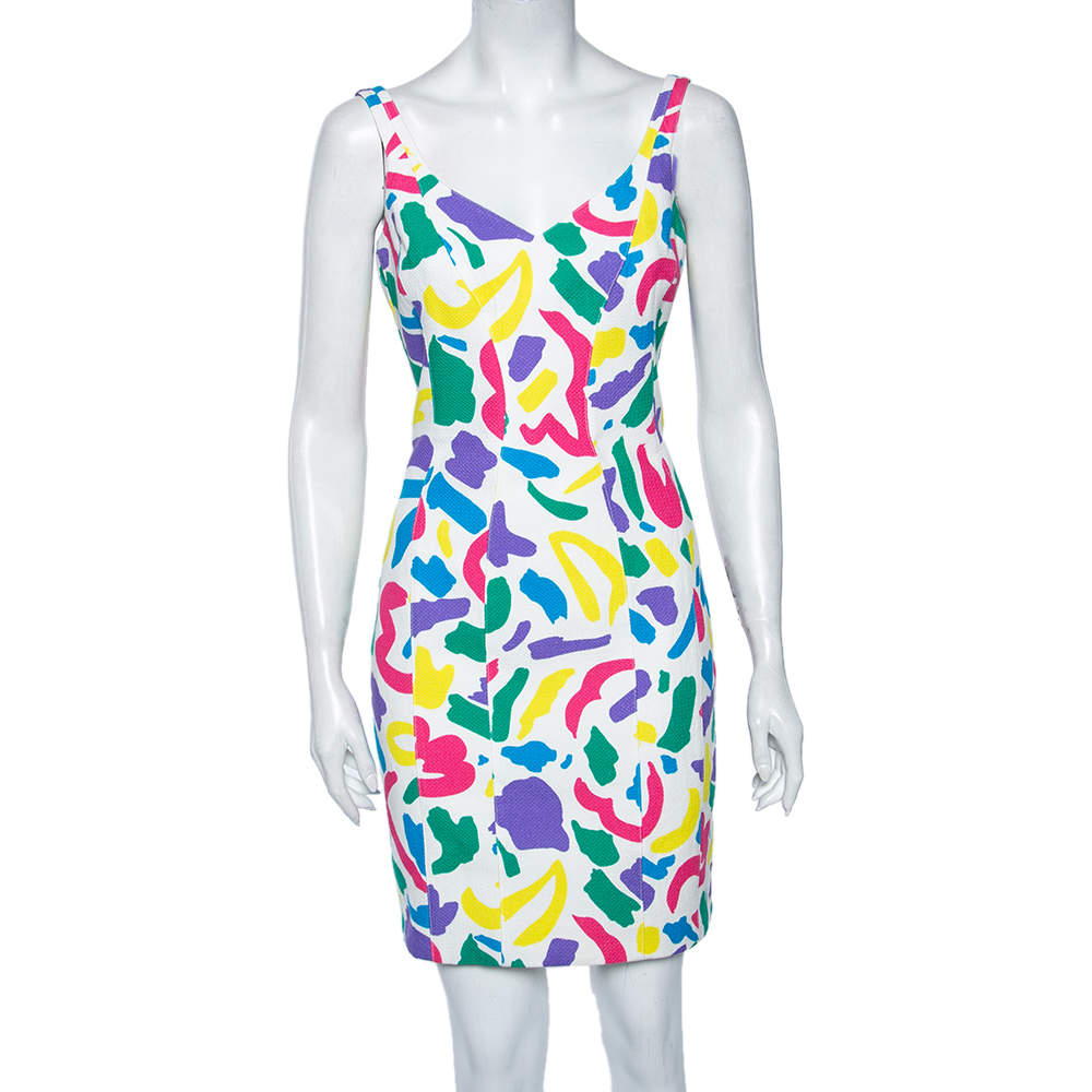 Pre Owned Moschino Couture Multicolored Printed Textured Silk Sleeveless Dress M