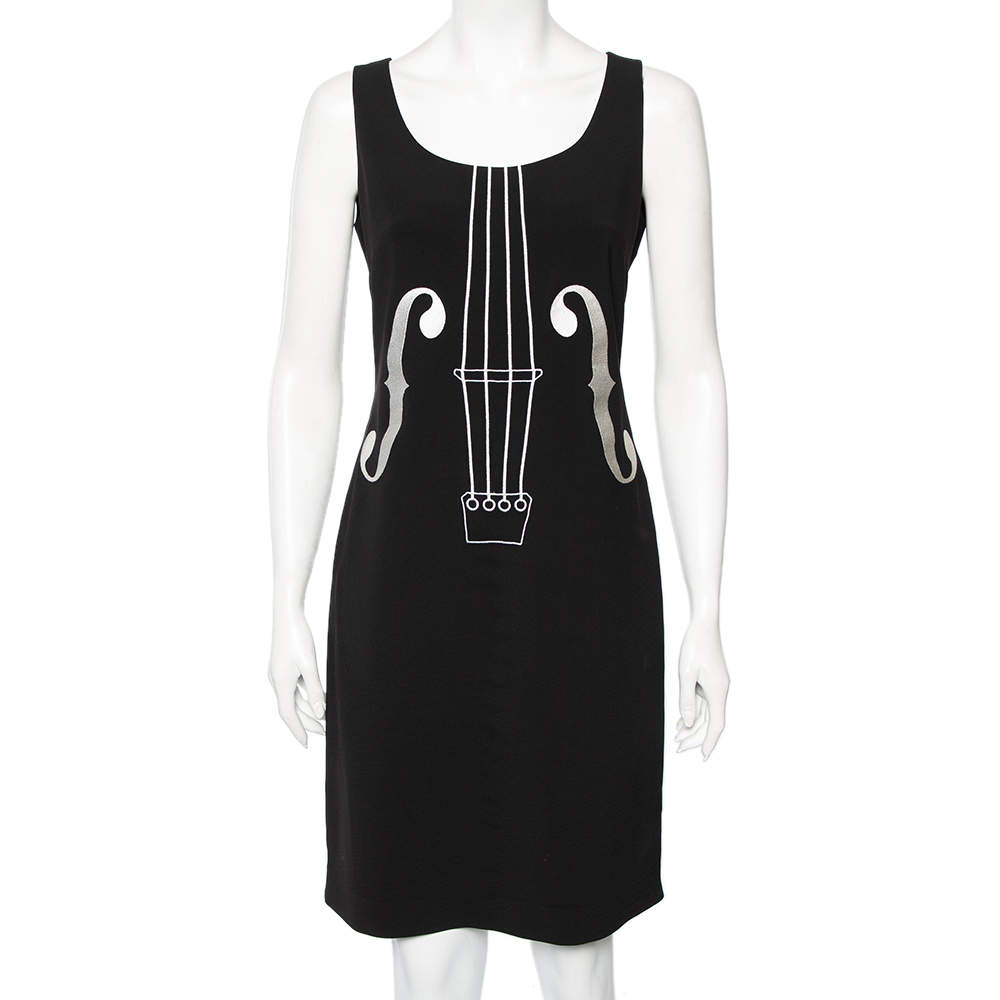 Pre Owned Boutique Moschino Black Violin Embroidered Sleeveless Sheath Dress M