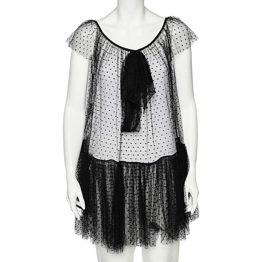 Moschino Black Tulle Ruffled Hem Bow Detail Sheer Mini Dress S