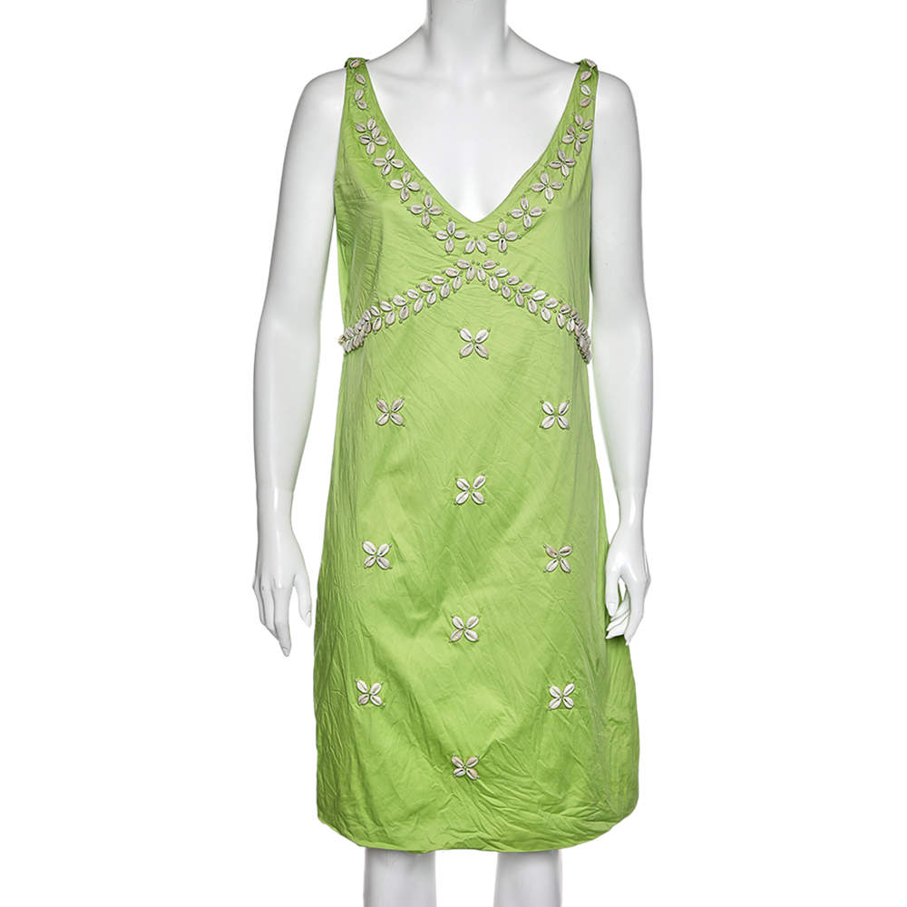 Pre Owned Moschino Cheap & Chic Green Cotton Shell Appliqué Sleeveless Dress L