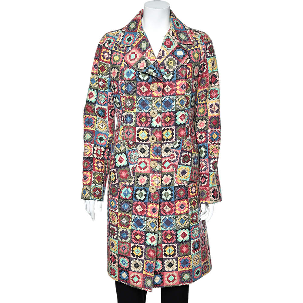 Moschino Jeans Multicolor Printed Wool Button Front Coat L