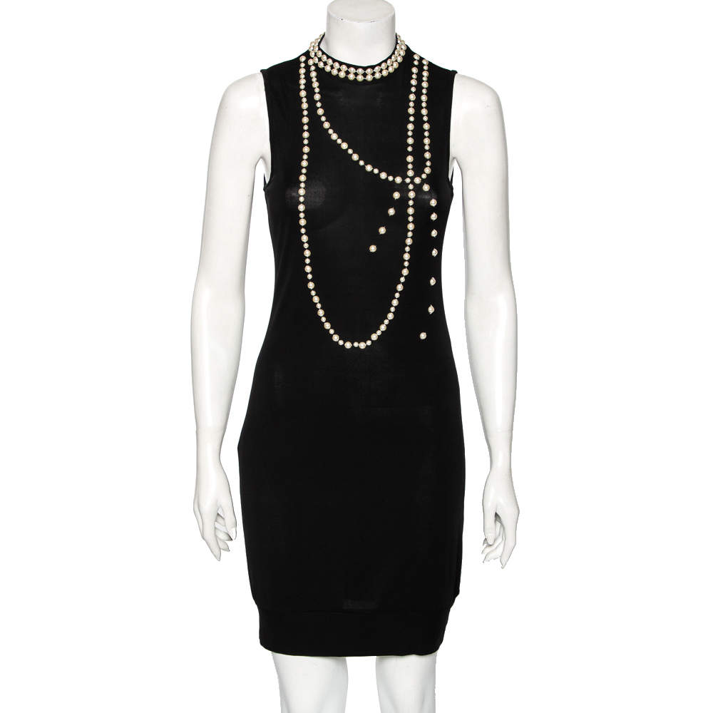 Pre Owned Moschino Black Silk Pearl Embellished Sleeveless Dress M