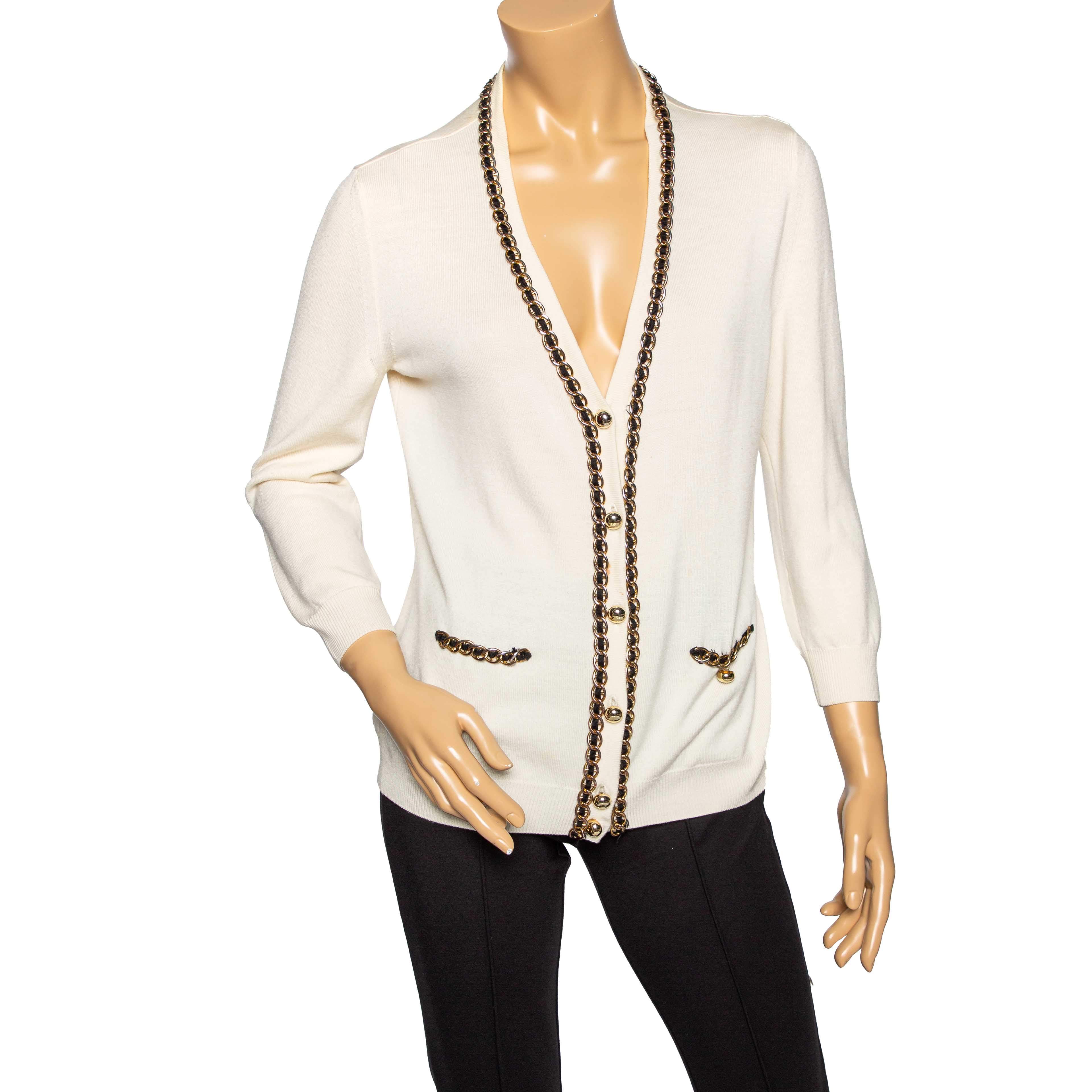 Moschino Cream Wool Knit Chain Trimmed Button Front Cardigan L