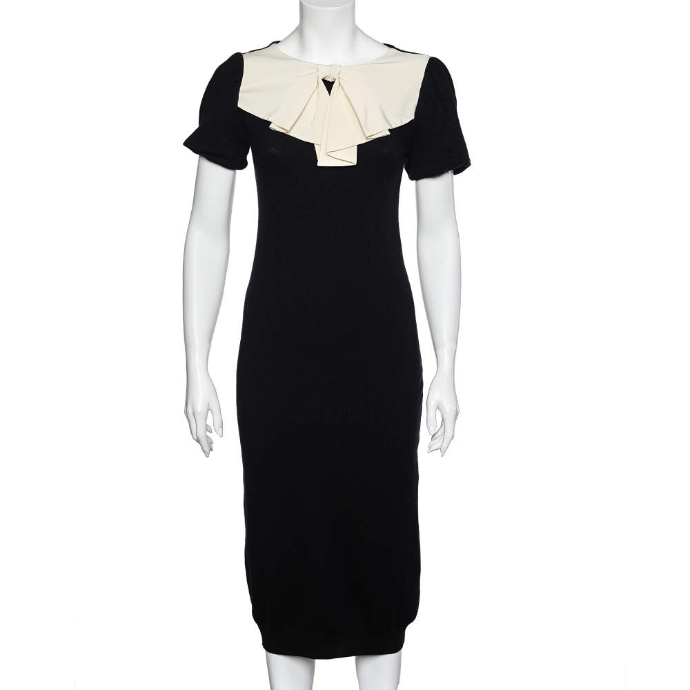Pre Owned Moschino Black Wool Knit Contrast Bow Detail Midi Dress M