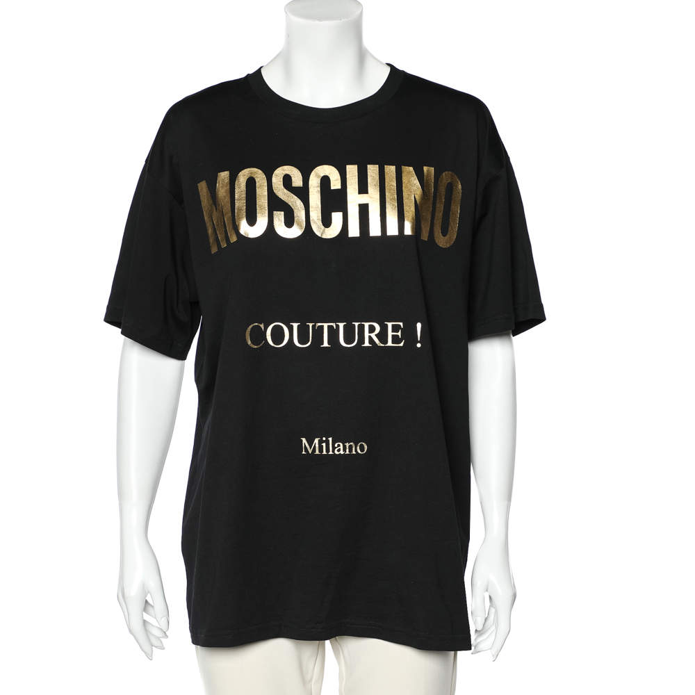 Pre Owned Moschino Couture Black Metallic Logo Printed Cotton Oversized T-shirt M