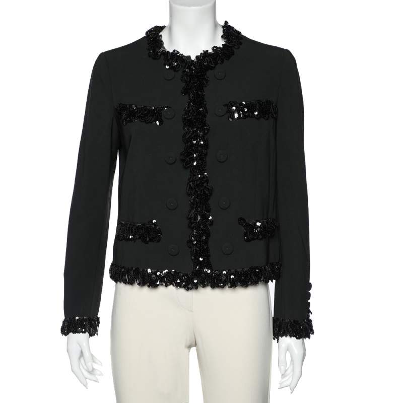 Pre Owned Moschino Black Crepe Sequined Trim Detail Hook Front Jacket L