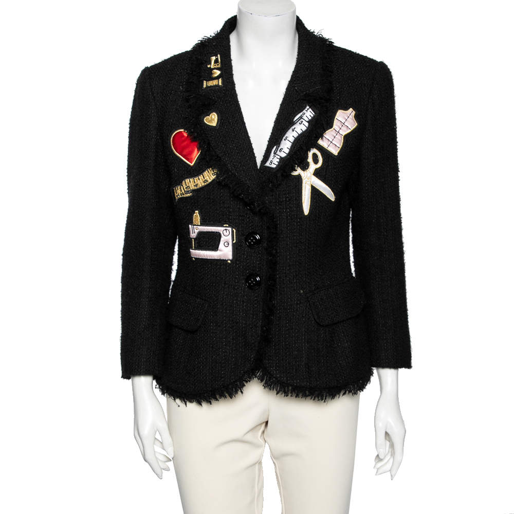 Moschino Black Tweed Appliqué Detail Frayed Blazer L