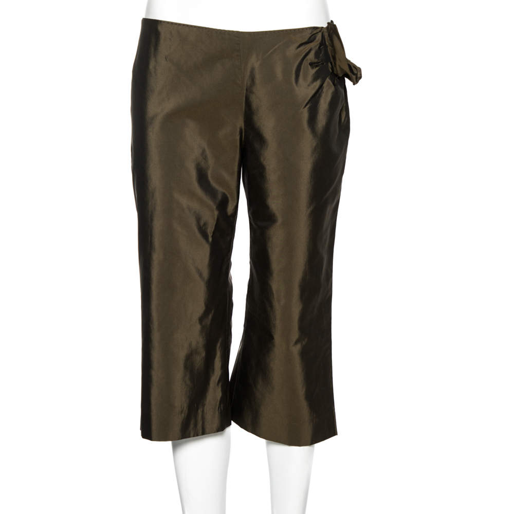 Pre Owned Moschino Olive Green Silk Bow Detail Capri Pants M