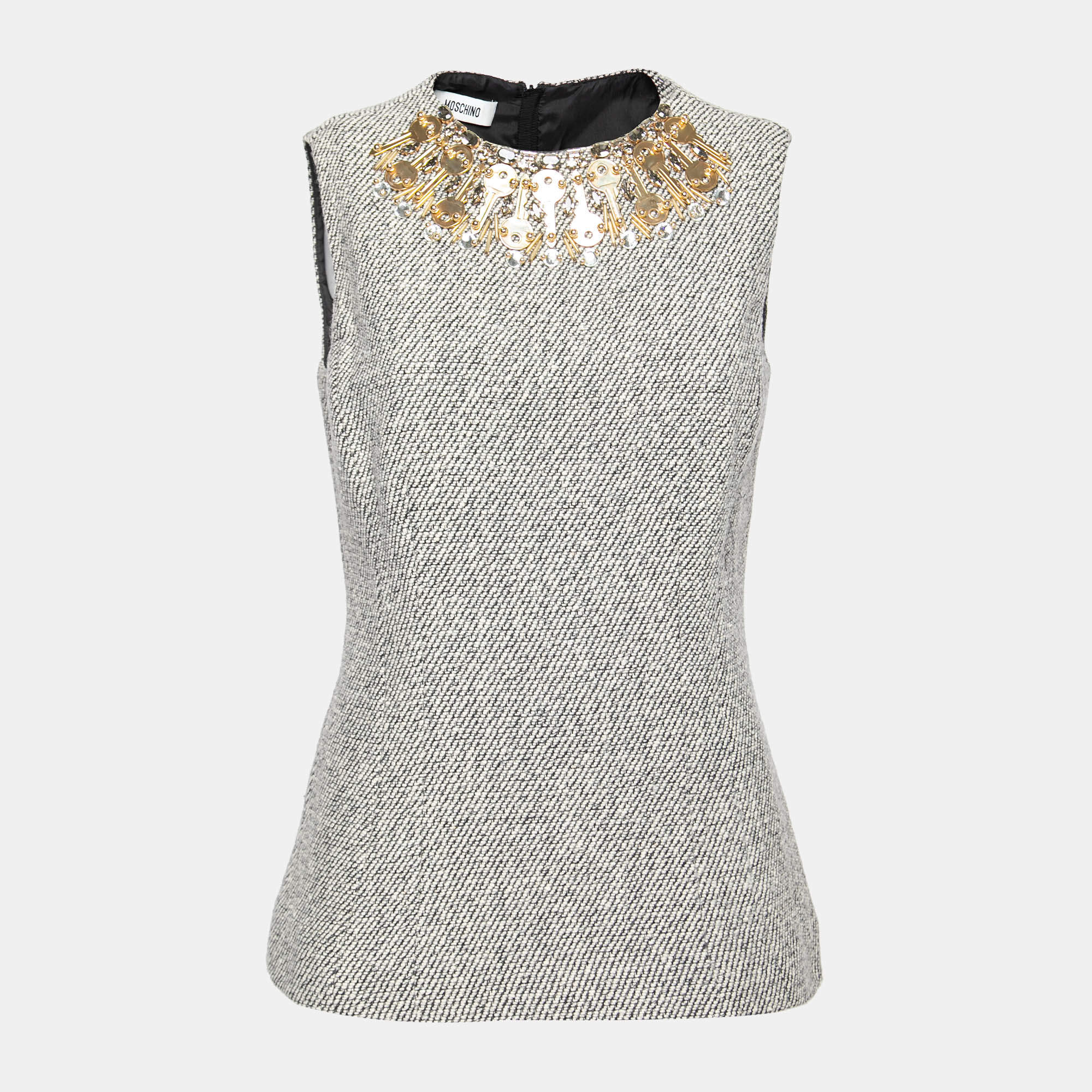 Moschino Monochrome Wool Key Embellished Neck Sleeveless Top M