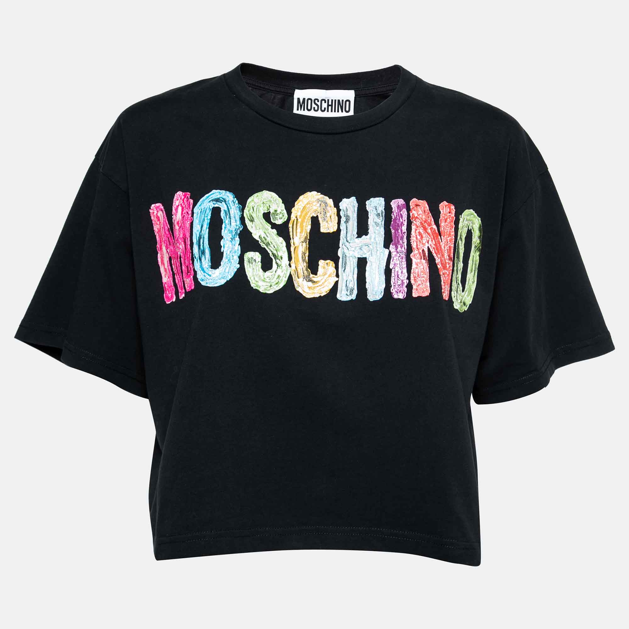 مملوكة مسبقًا Moschino Black Cotton Logo Printed Crop Top XS