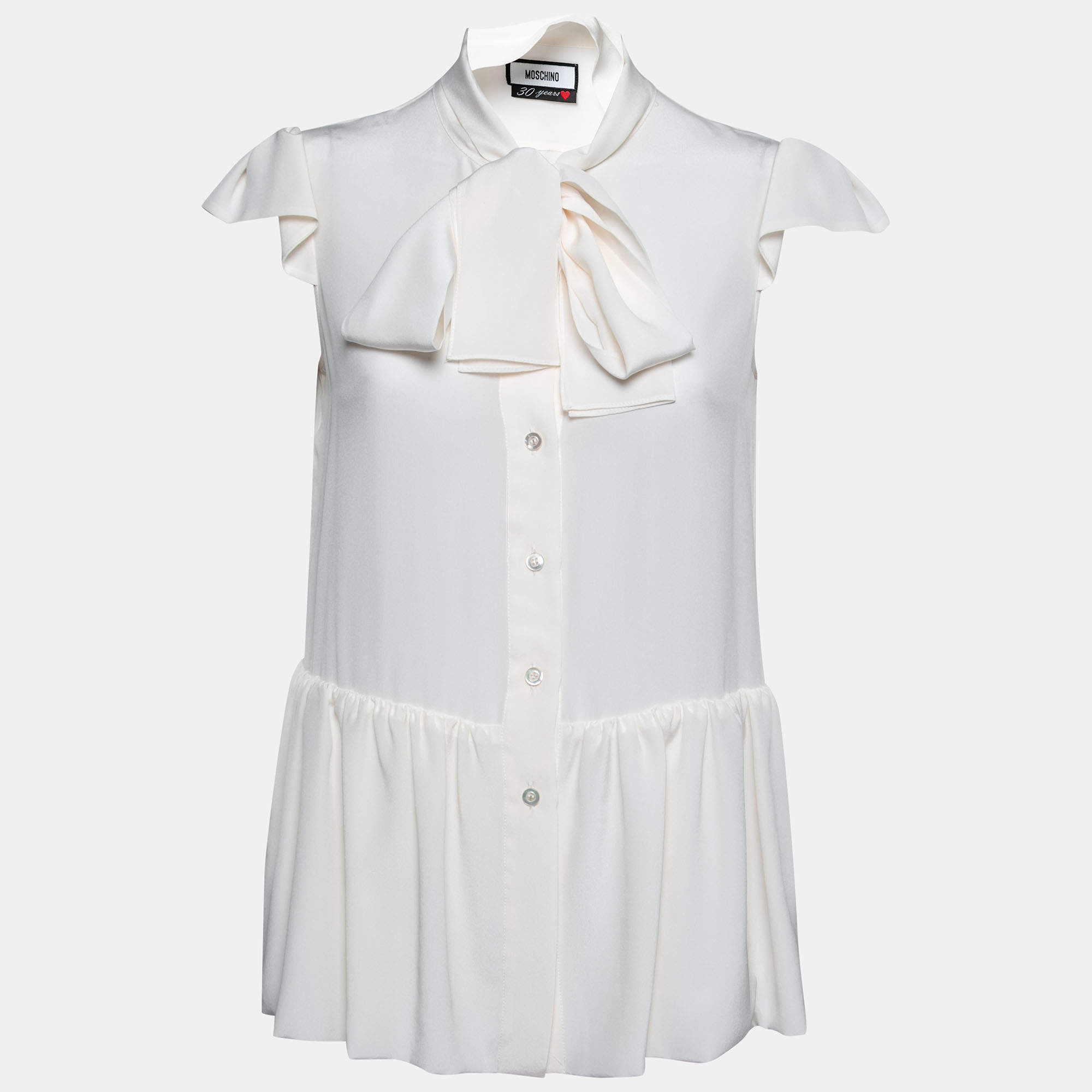 Pre Owned Moschino Cream Silk Neck Tie Detail Ruffle Trim Sleeveless Shirt S