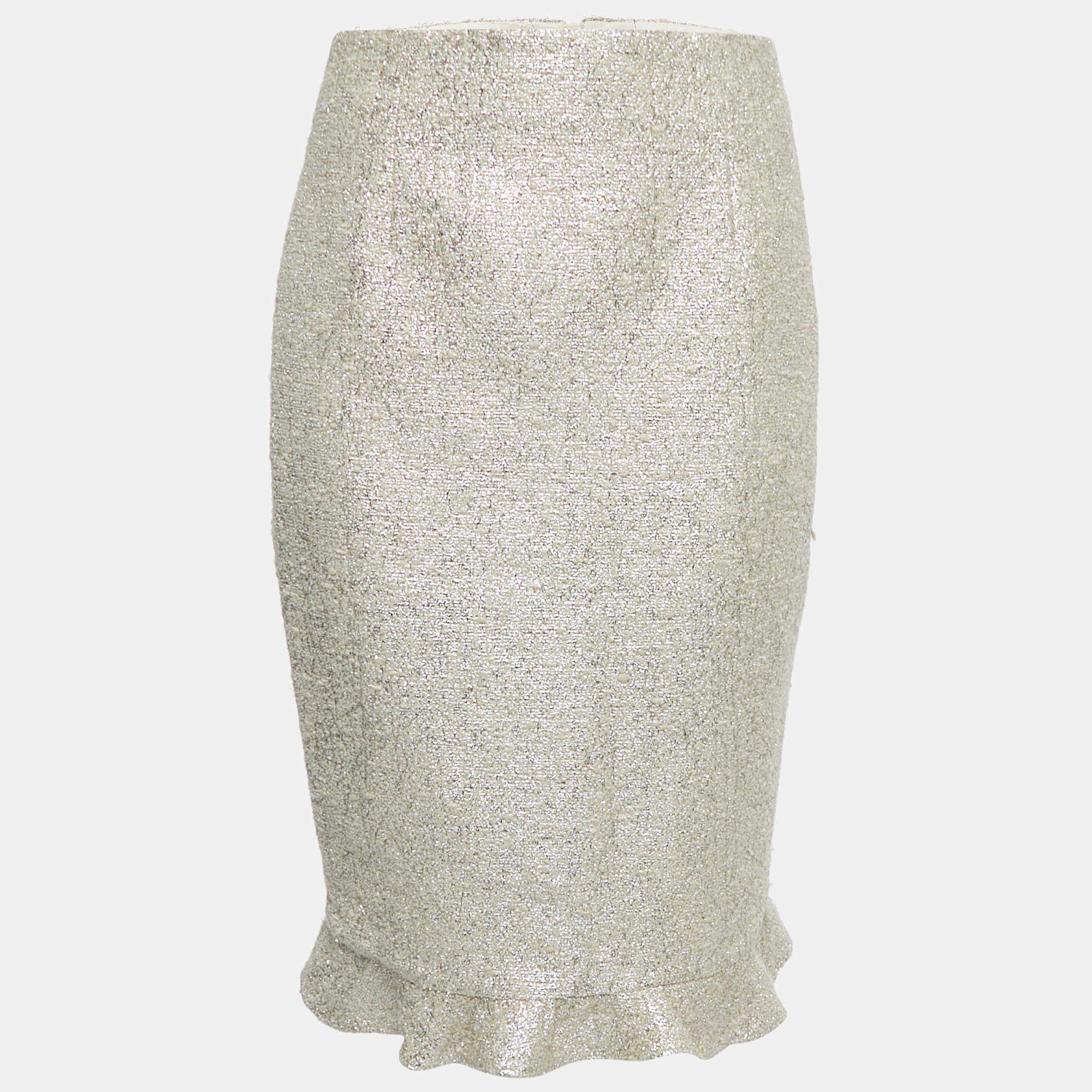 Moschino Metallic Tweed Ruffle Detail Knee Length Skirt M