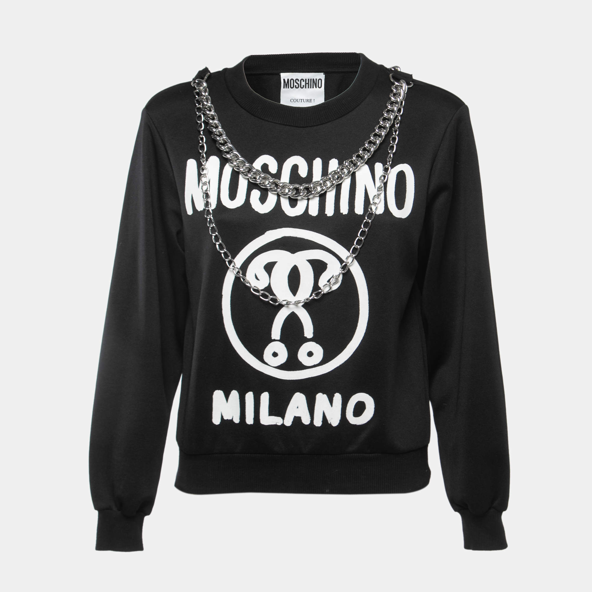 Pre Owned Moschino Black Logo Printed Jersey Knit Chain Detail Sweatshirt S