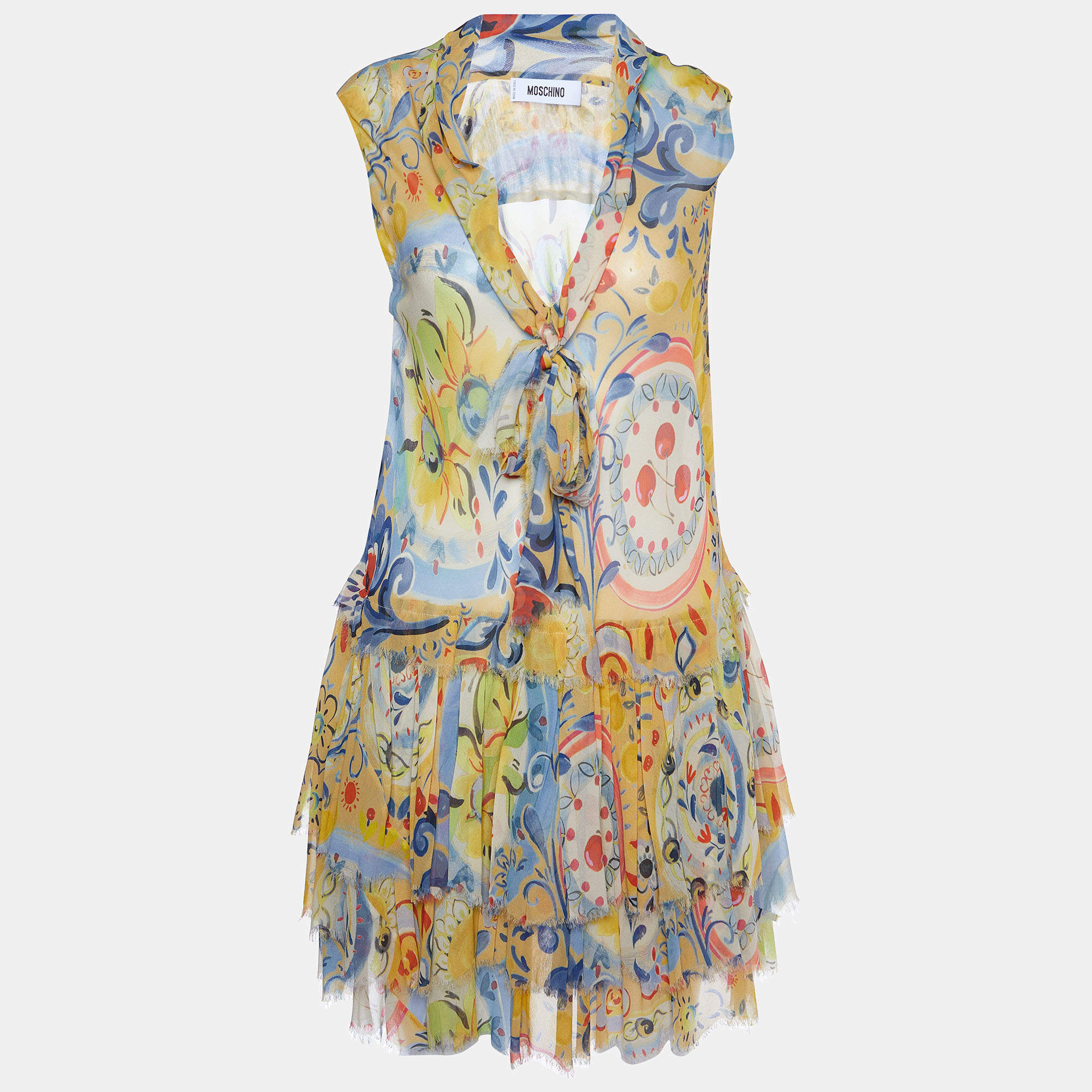 Pre Owned Moschino Yellow Printed Silk Tiered Mini Dress M