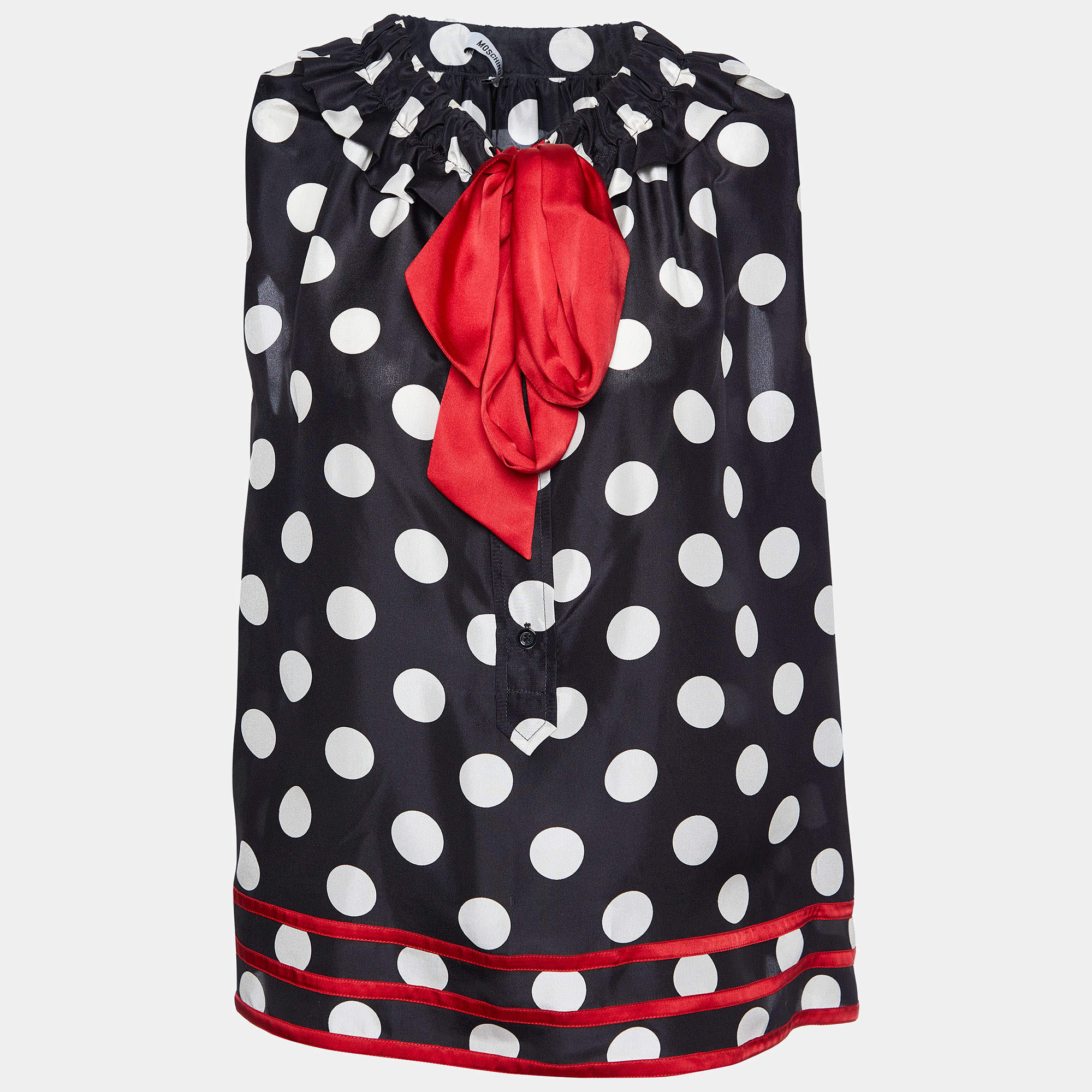 Pre Owned Moschino Black Polka Dot Printed Silk Neck Tie Detail Top L