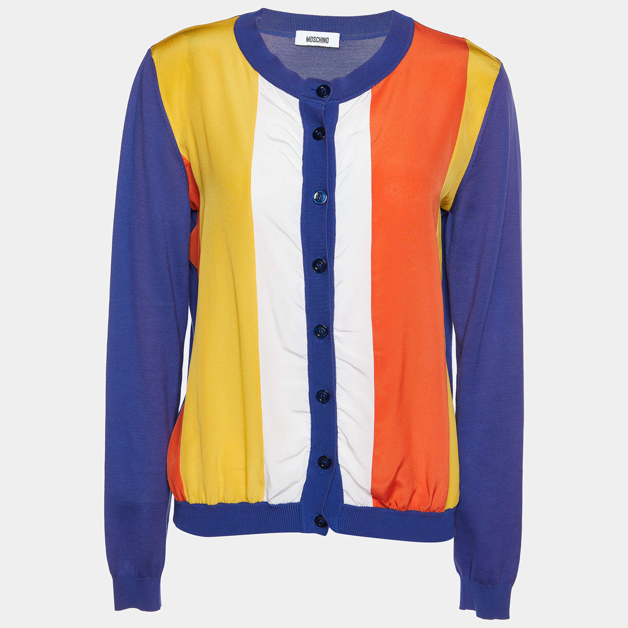 Moschino Purple Cototn Knit & Multicolor Silk Paneled Button Front Cardigan M