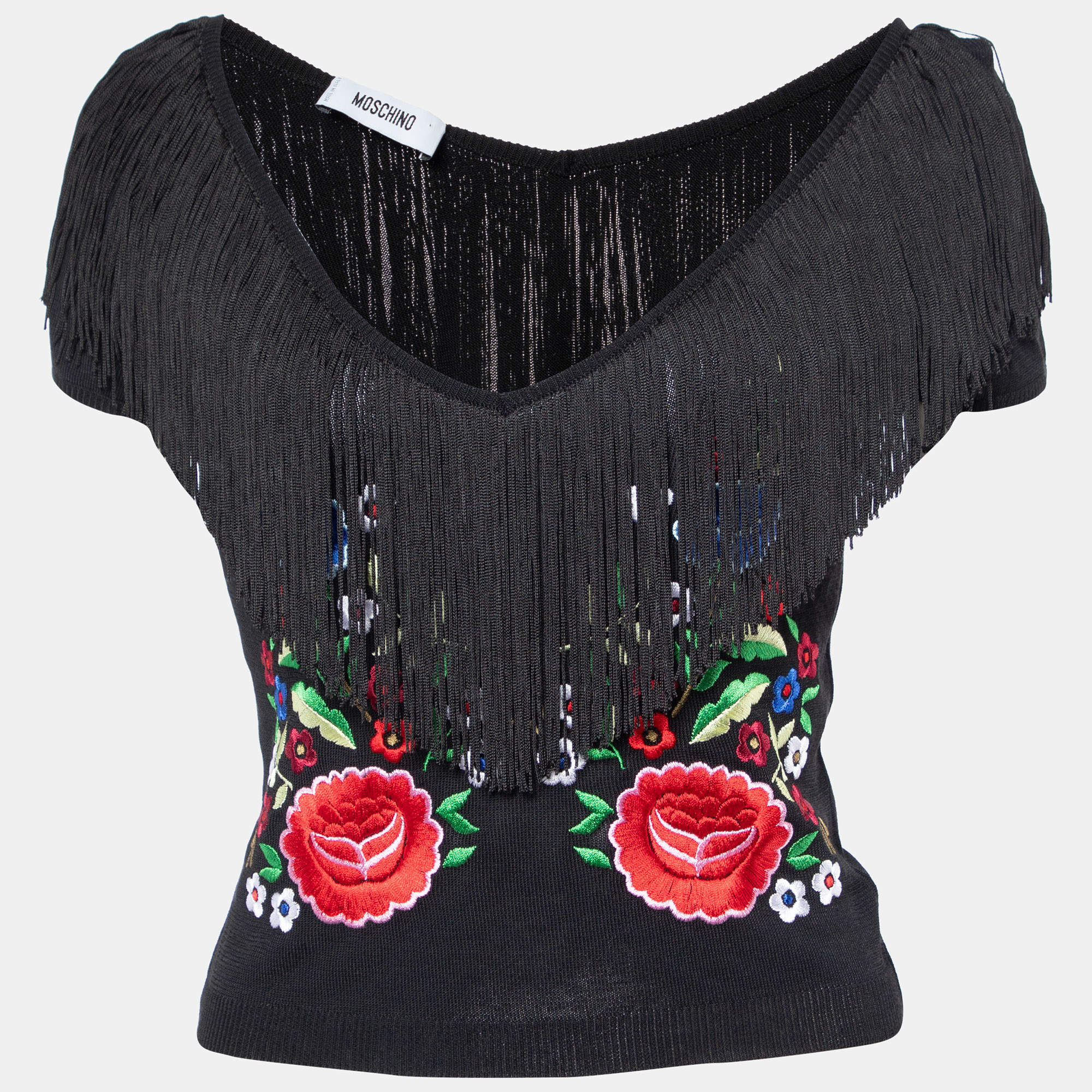 Pre Owned Moschino Black Rayon Knit Floral Embroidered Fringed Crop Top M