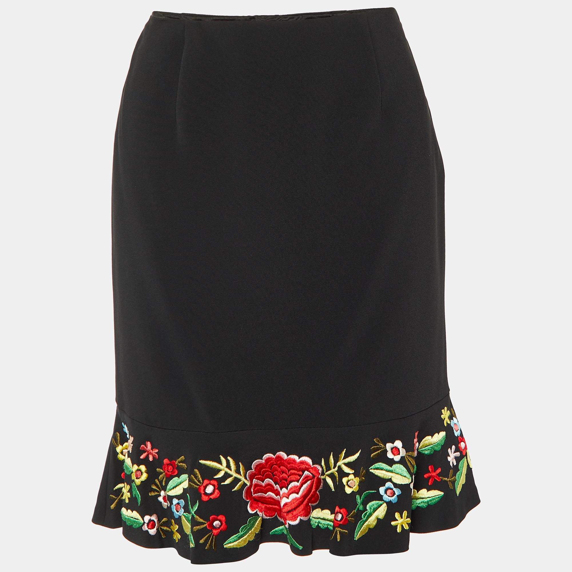 Pre Owned Moschino Black Crepe Embroidered Flared Hem Mini Skirt M