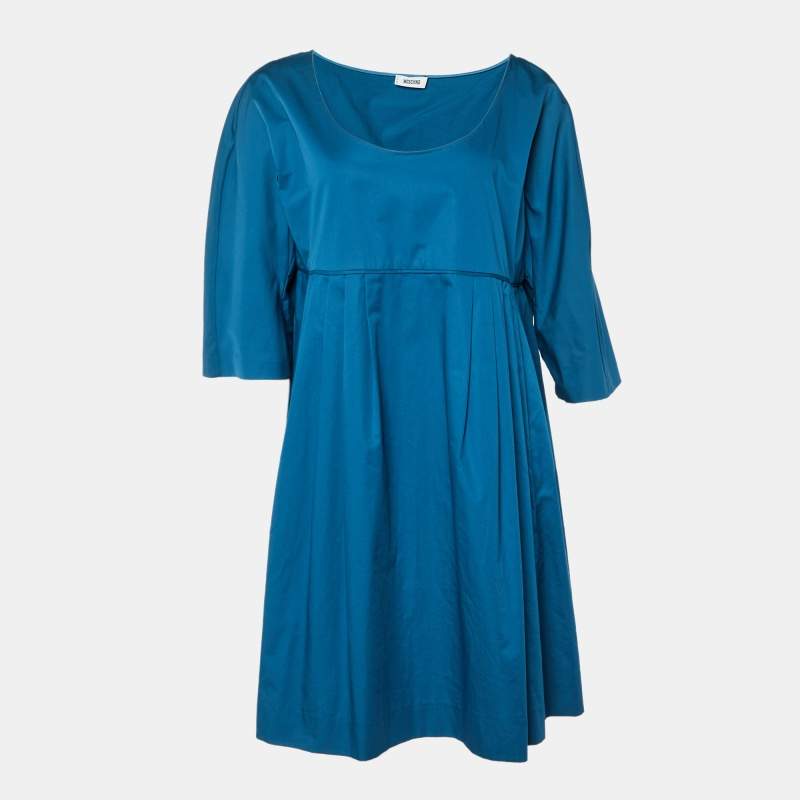 Pre Owned Moschino Teal Blue Cotton Pleated Mini Dress L