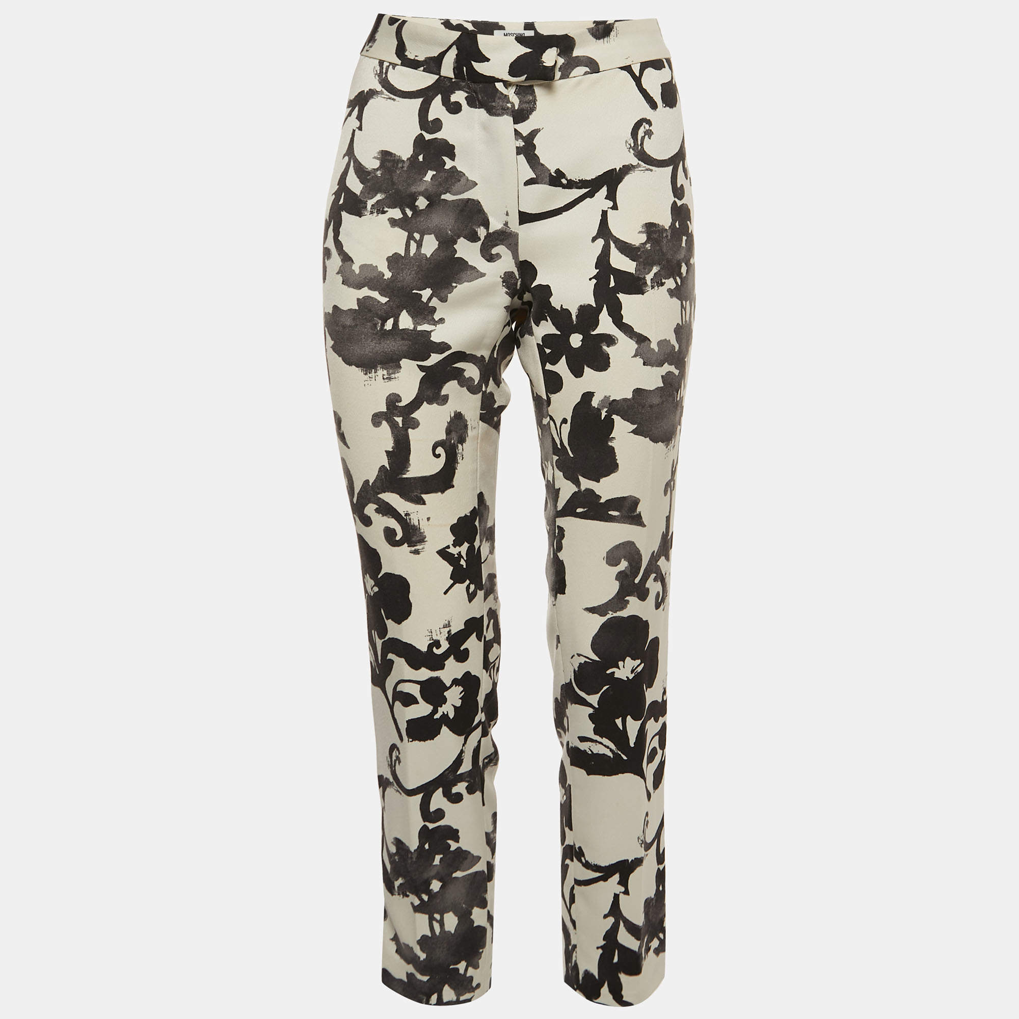Pre Owned Moschino Off-White/Black Floral Print Crepe Trousers M