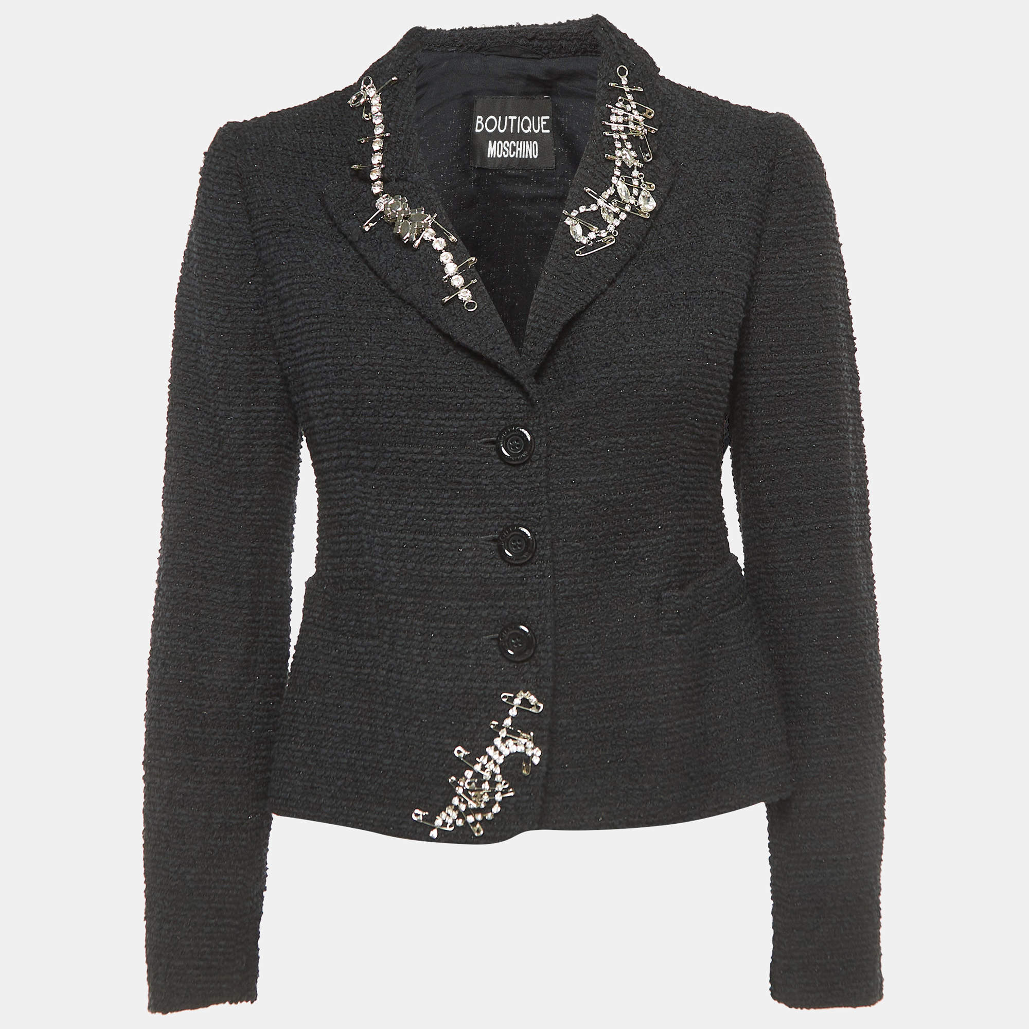 Pre Owned Moschino Black Tweed Embellished Single Breasted Blazer S