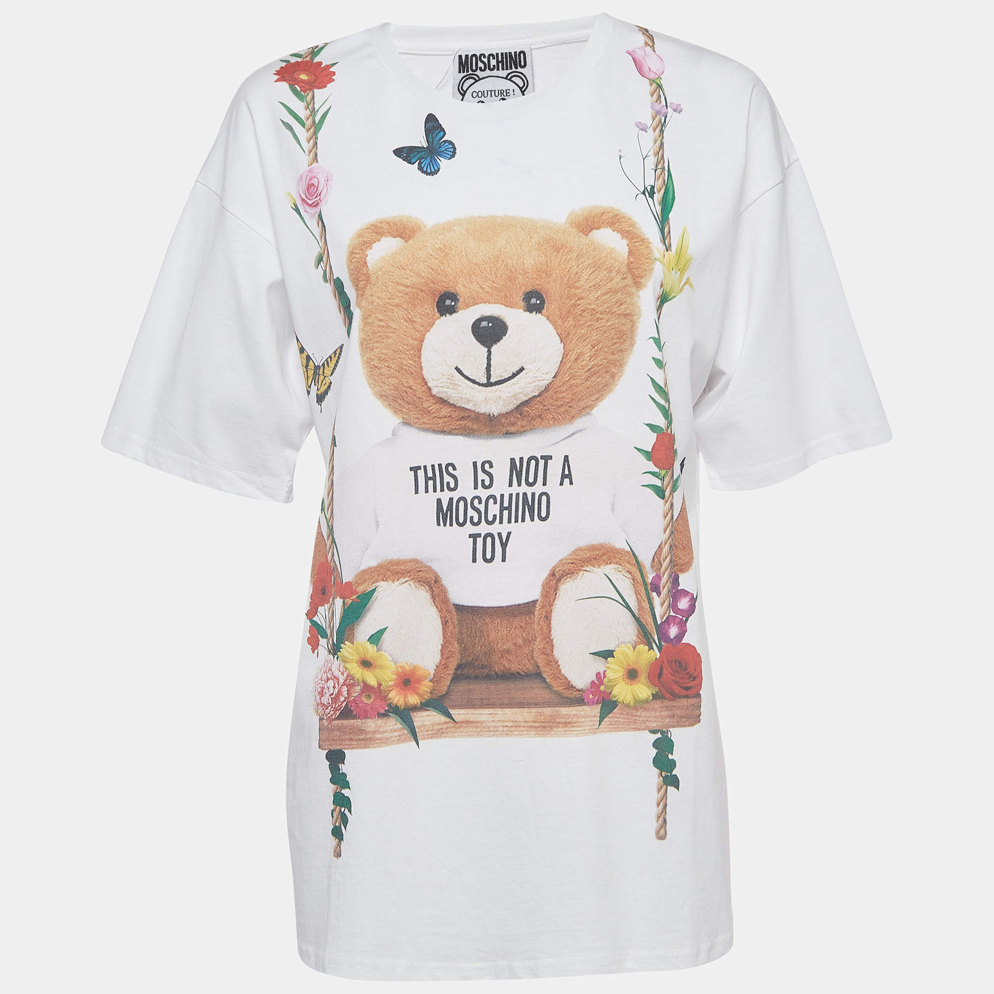 Pre Owned Moschino White Teddy Print Cotton Crew Neck T-Shirt L