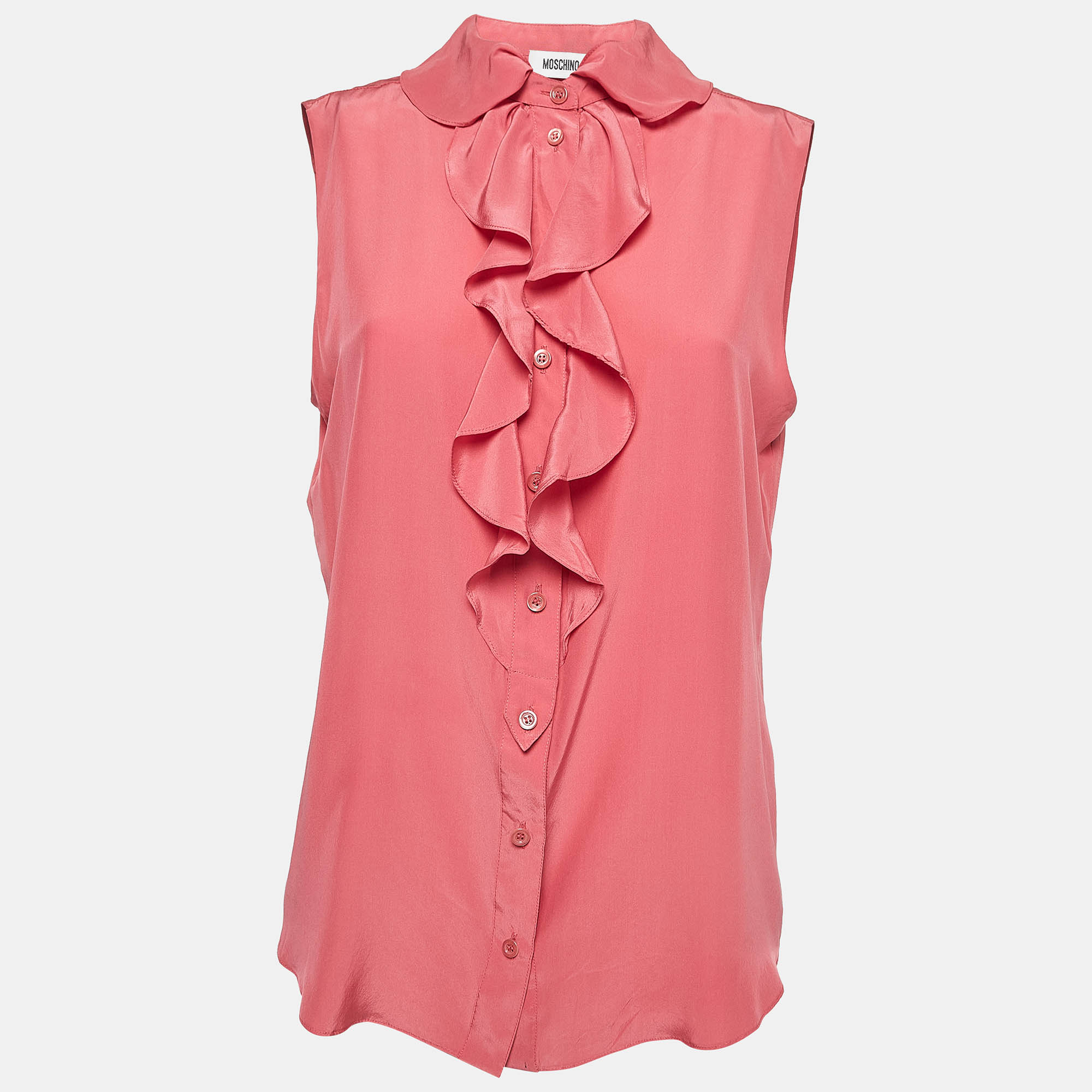 Pre Owned Moschino Pink Silk Sleeveless Ruffled Top M