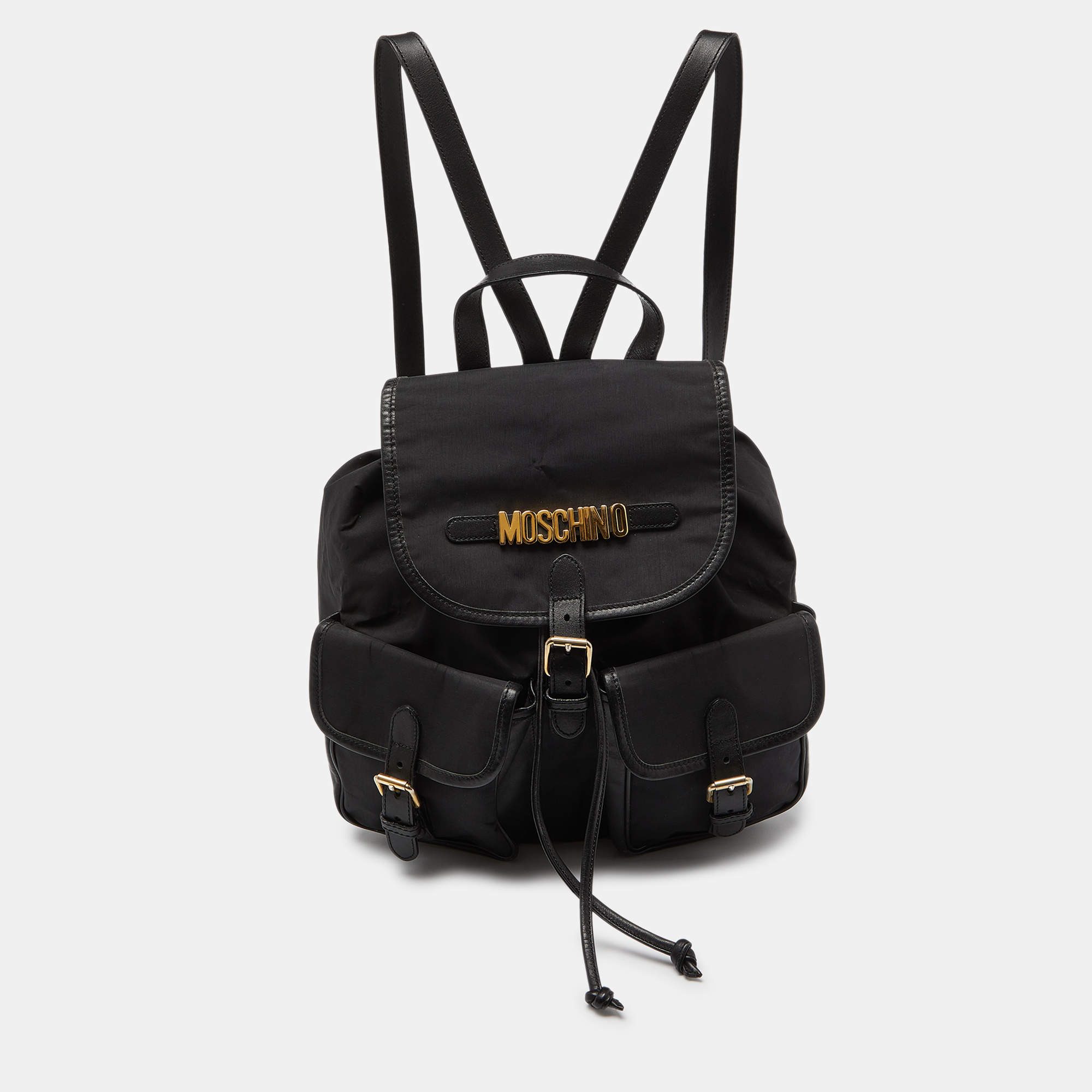 Pre Owned Moschino Black Nylon and Leather Logo Flap Backpack