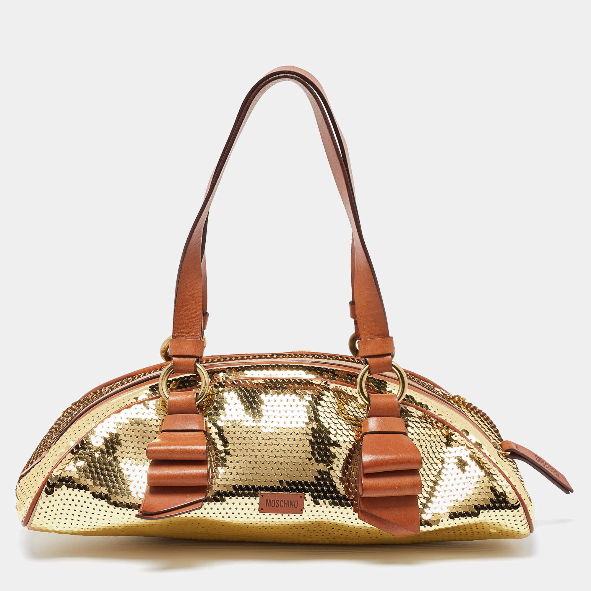 مملوكة مسبقًا Moschino Gold/Brown Sequins and Leather Satchel