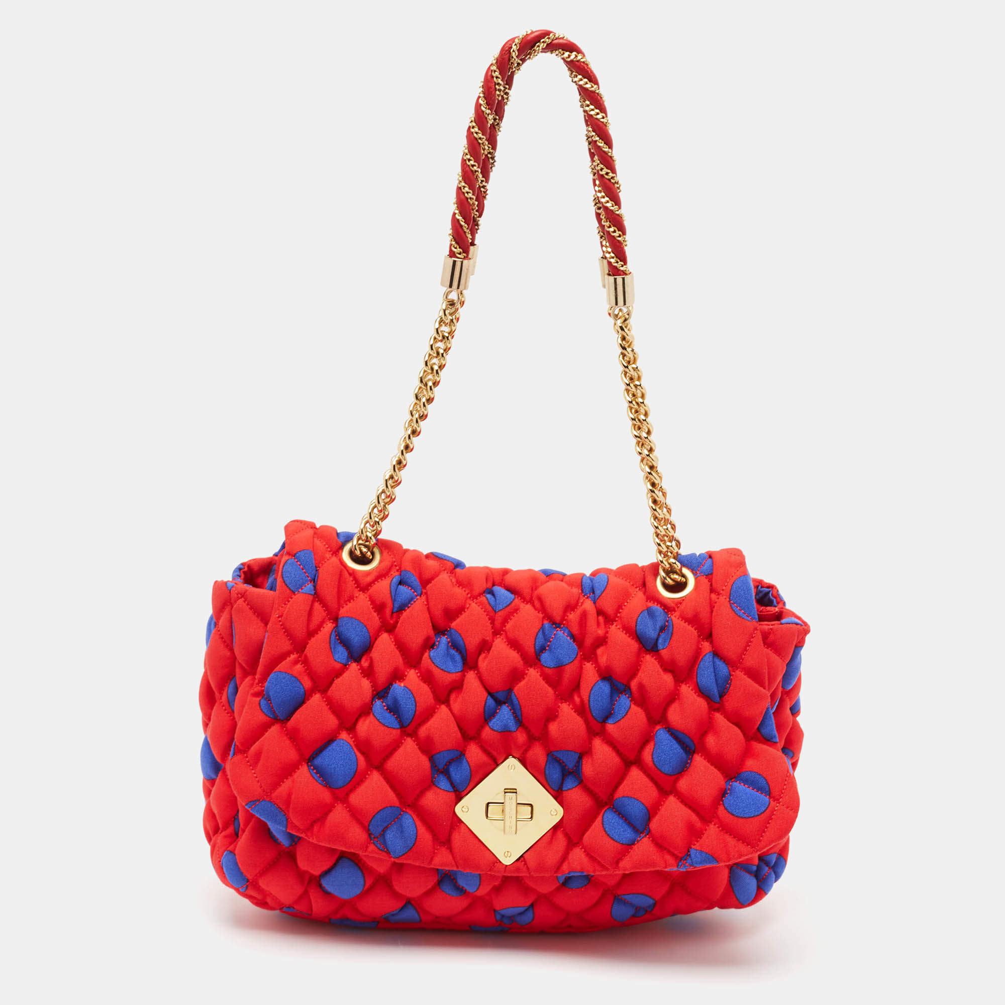 Moschino Red/Blue Quilted Nylon Polka Flap Shoulder Bag