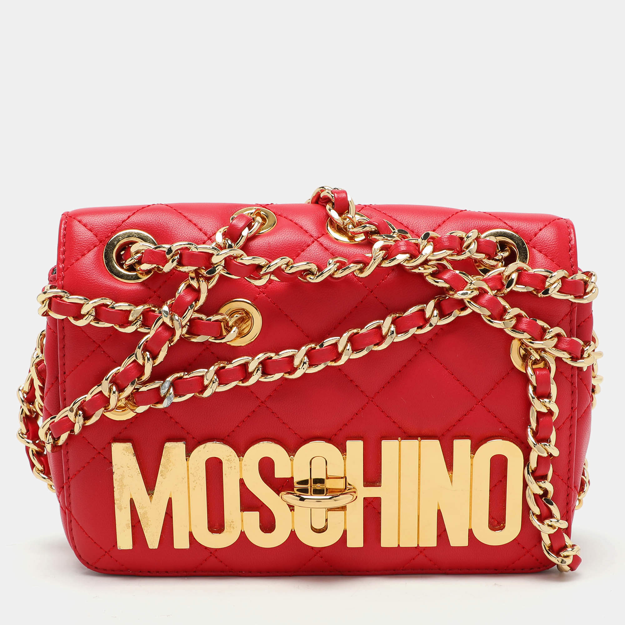 Moschino Red Quilted Leather Chain Detail Shoulder Bag