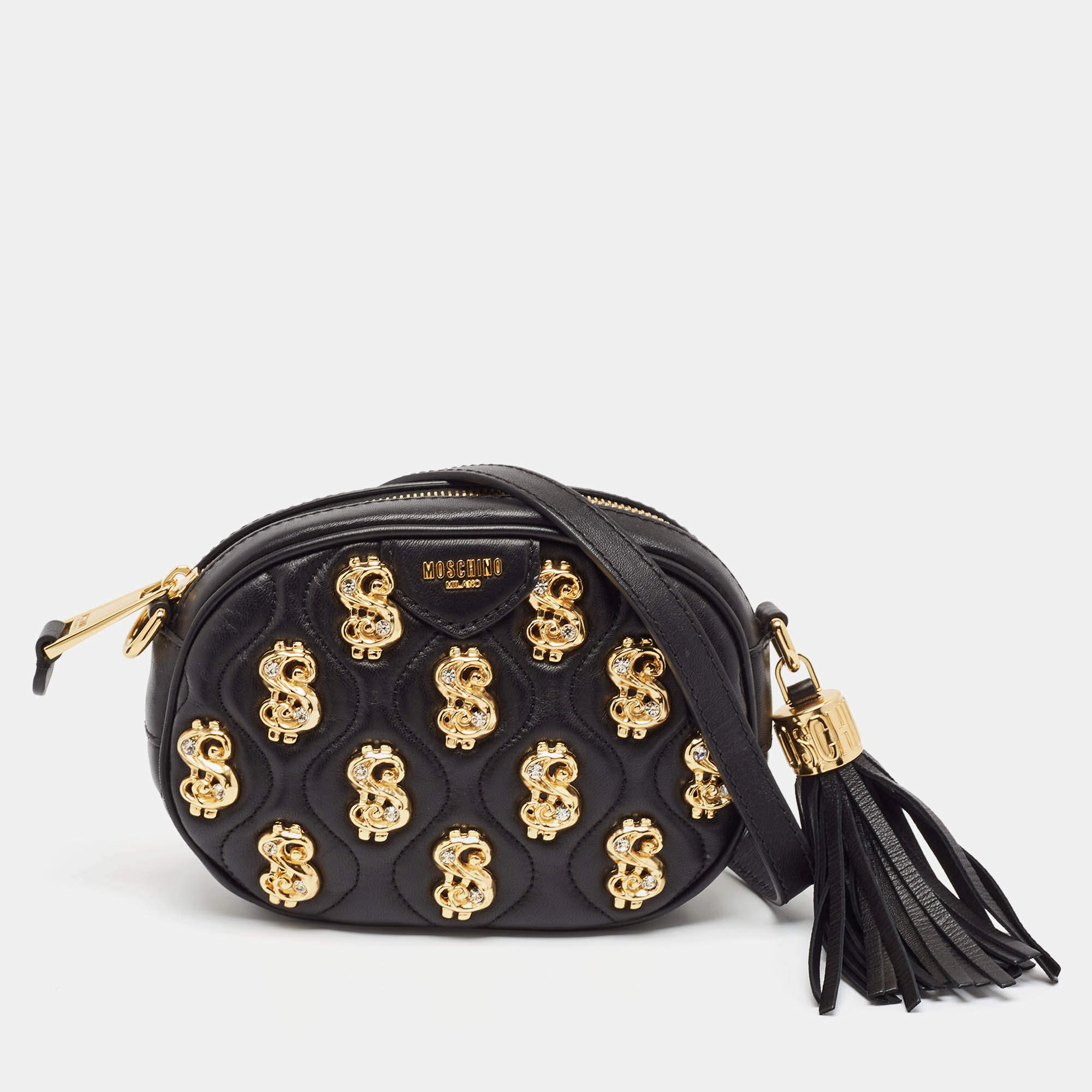 Moschino Black Leather Dollar Studs Crossbody Bag