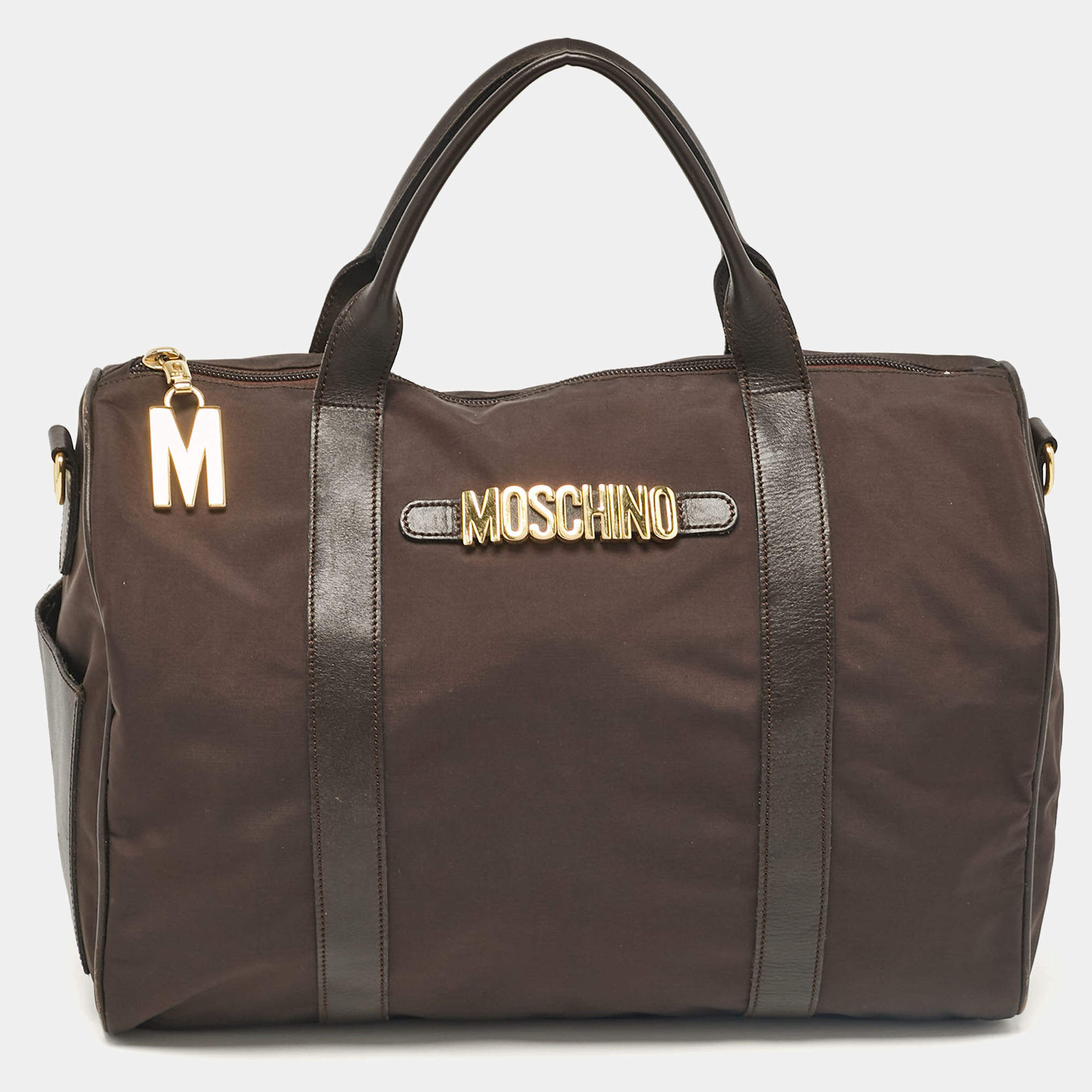Moschino Dark Brown Nylon Logo Boston Bag