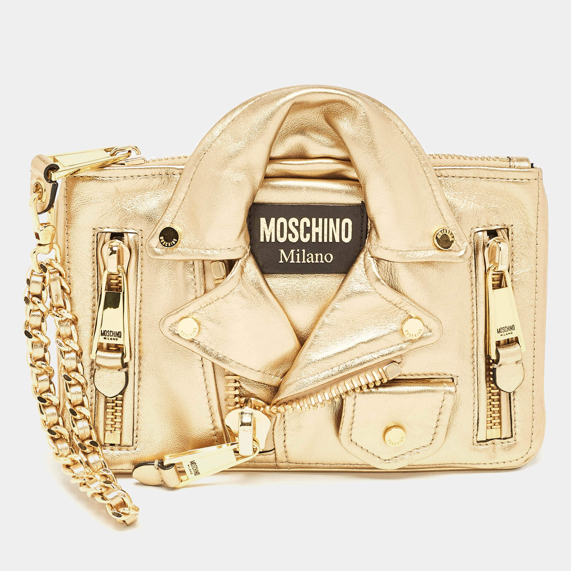 Pre Owned Moschino Gold Leather Capsule Biker Jacket Wristlet Clutch