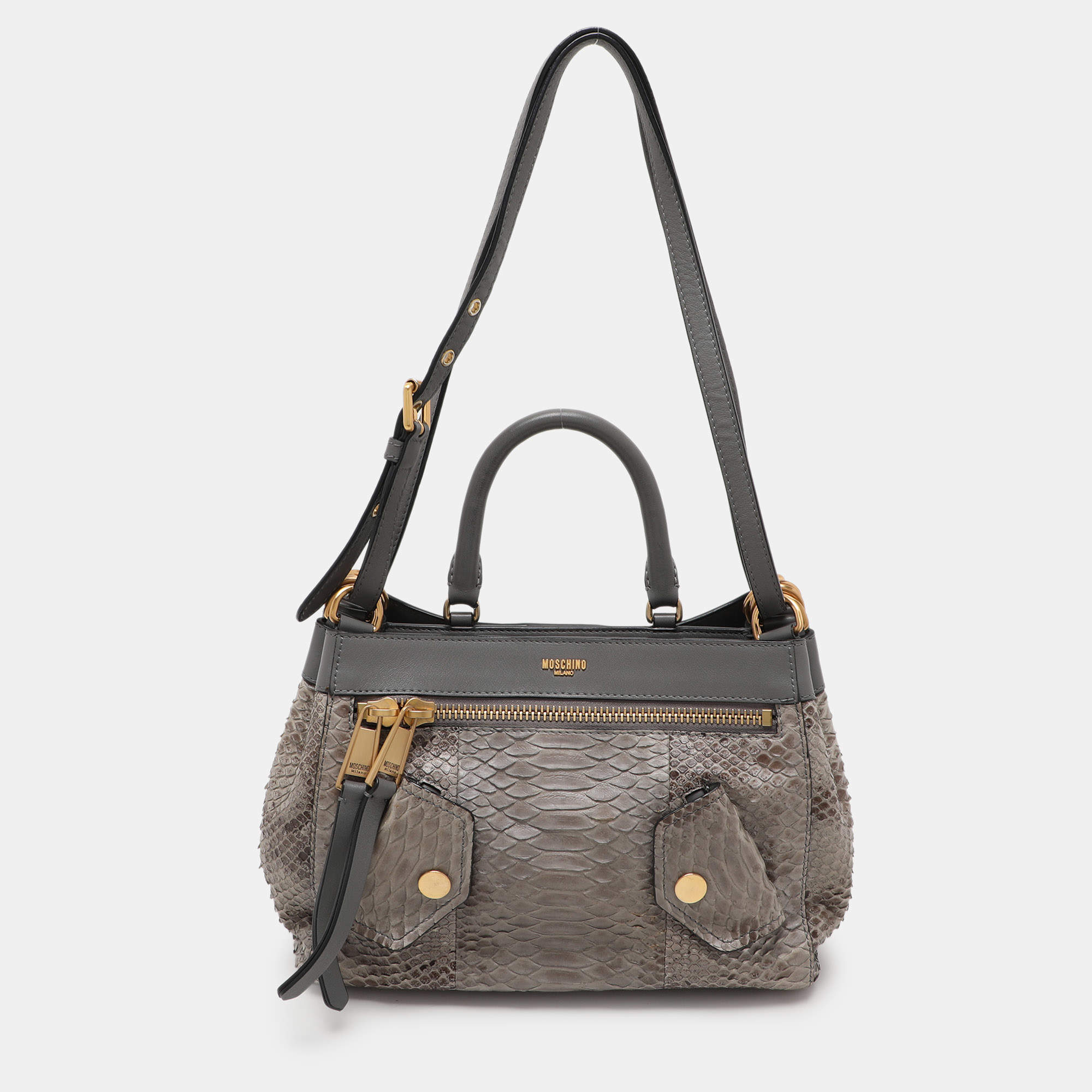 Moschino Grey Python Embossed Leather Biker Satchel