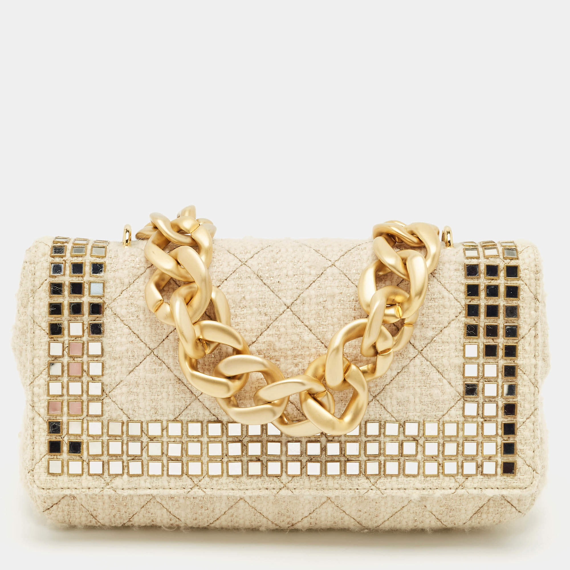 Moschino Cream Quilted Tweed Mirror Embellished Chain Shoulder Bag