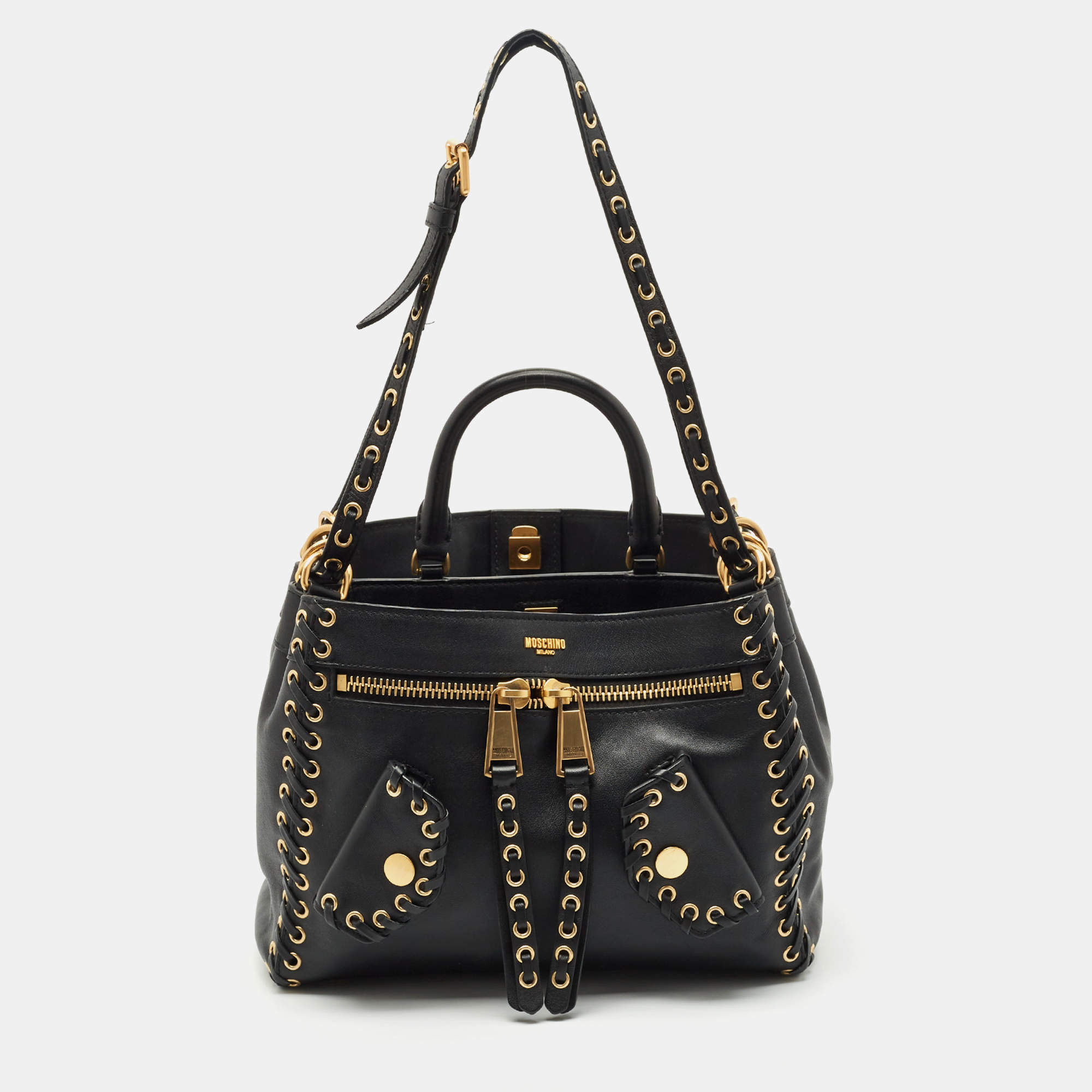 Moschino Black Leather Eyelet Pocket Tote