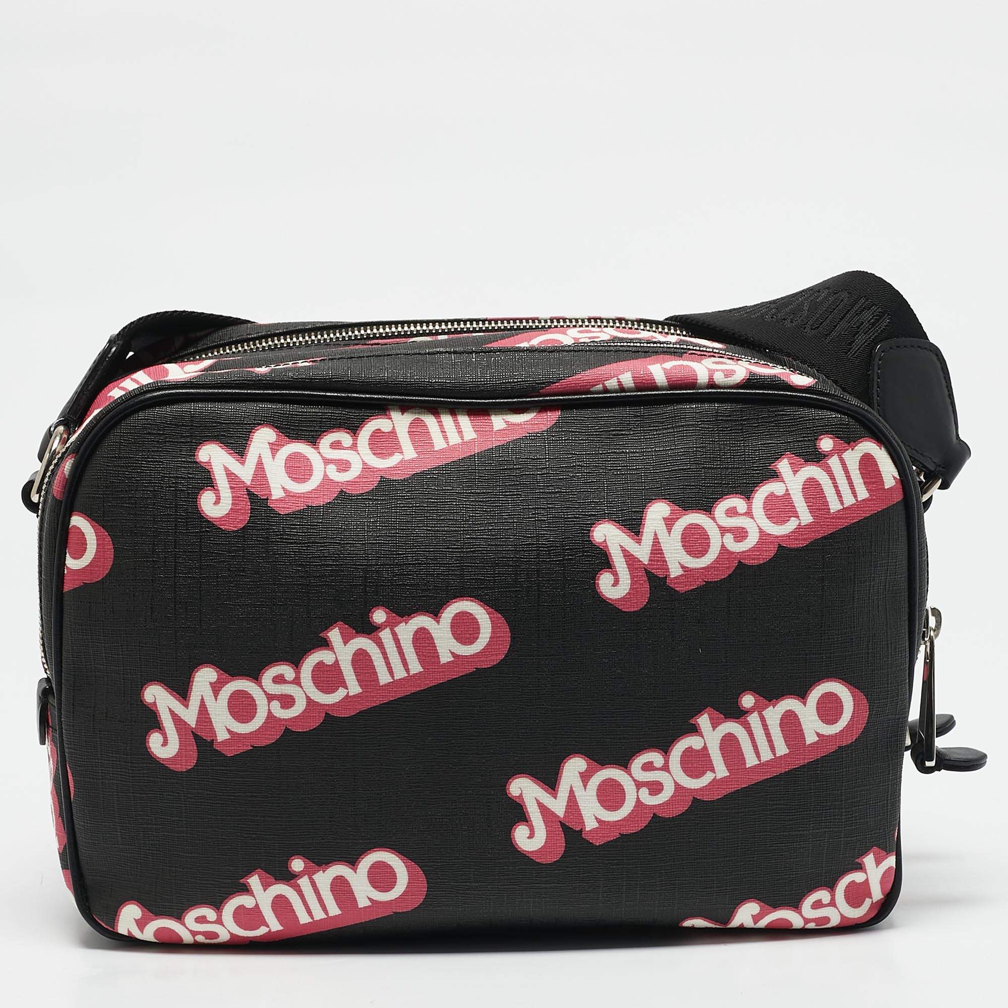 Moschino Black Nylon and Leather Classic Logo Bucket Bag