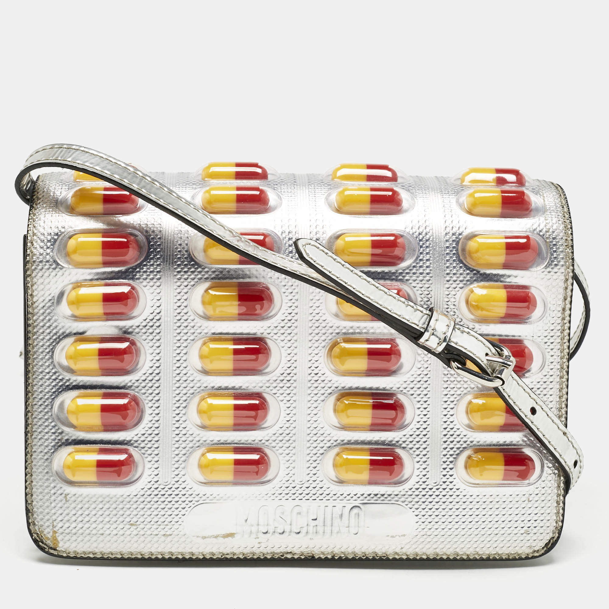 Pre Owned Moschino Silver Patent Leather and PVC Pill Pack Crossbody Bag